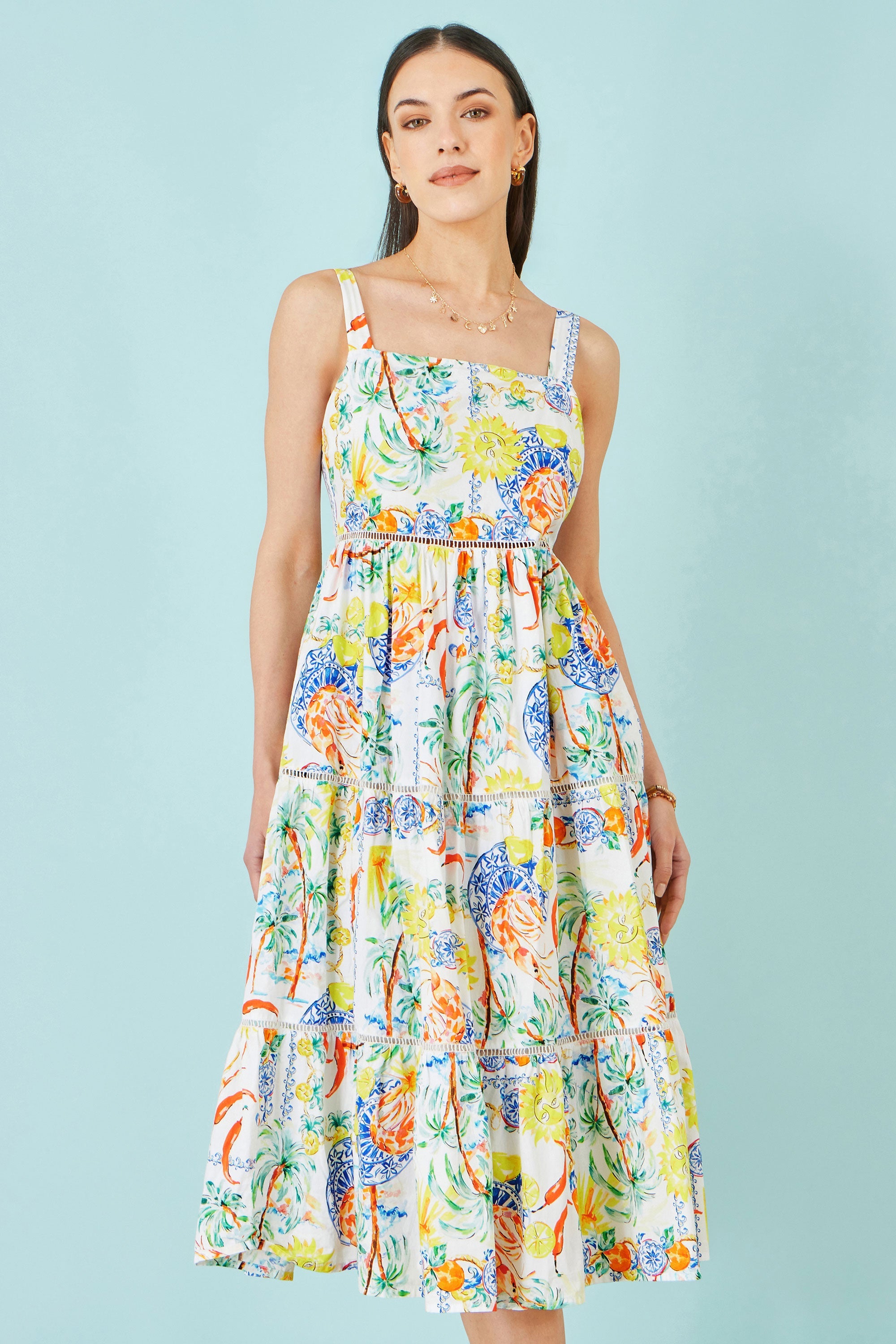 Yumi White Mediterranean Print Cotton Midi Sun Dress