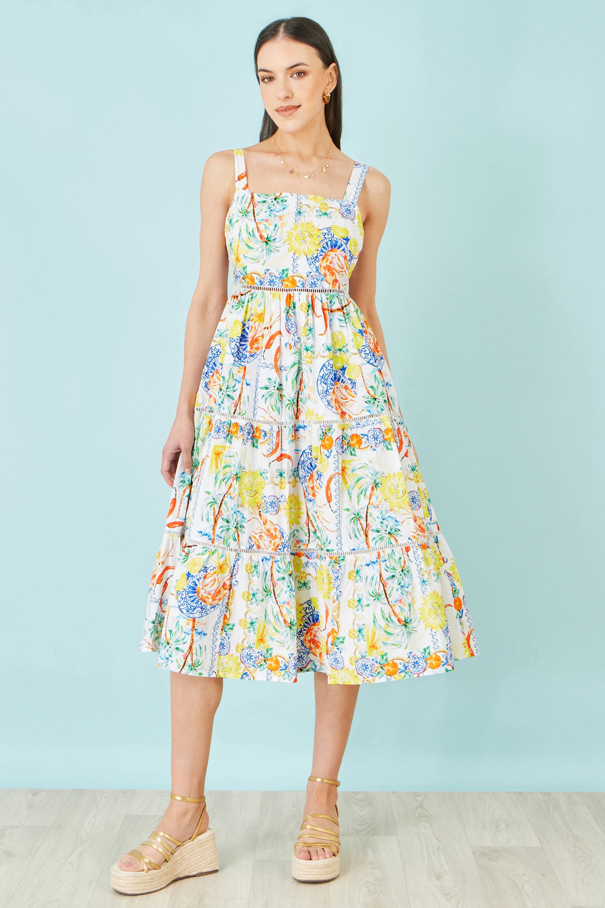 Yumi White Mediterranean Print Cotton Midi Sun Dress