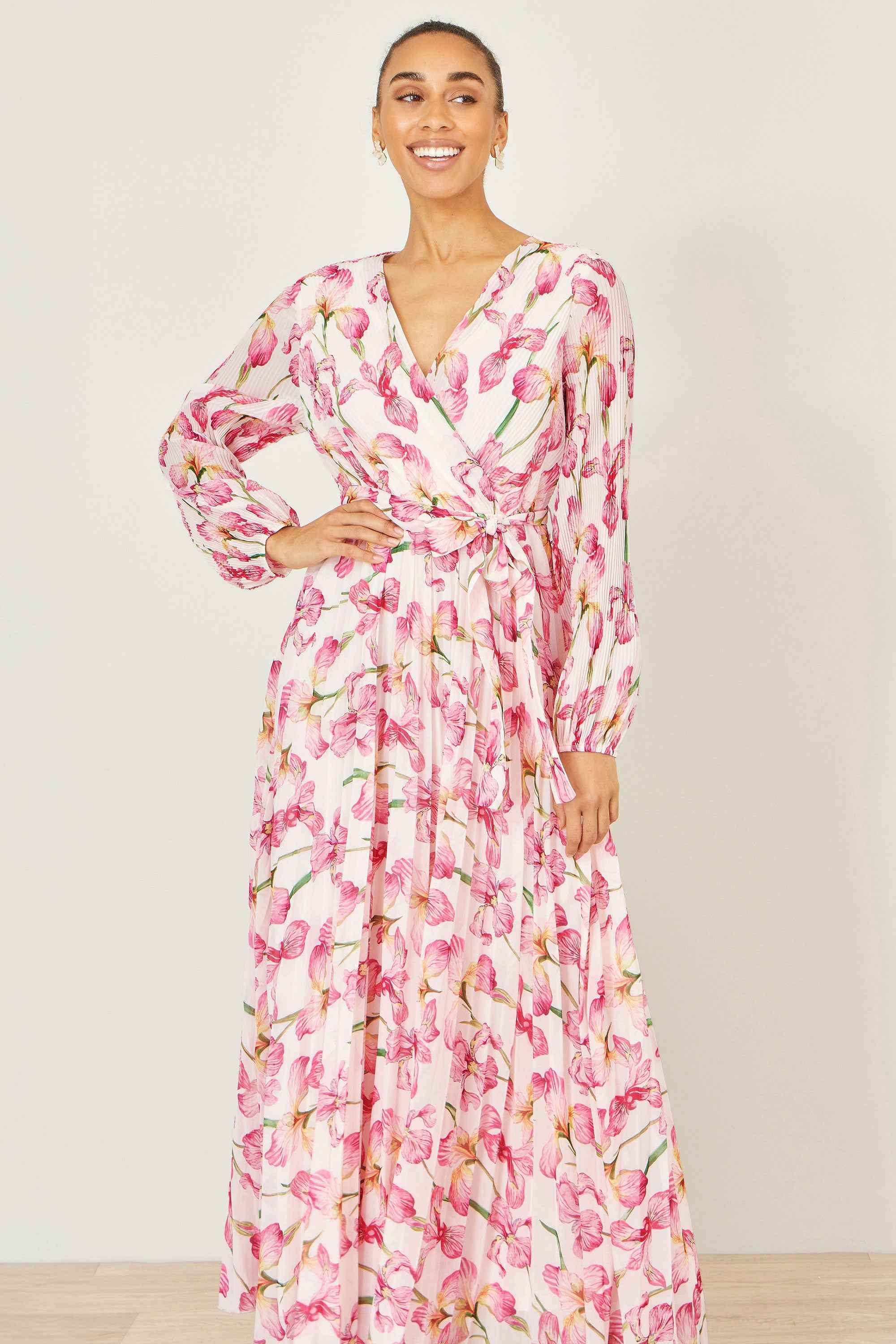Yumi White Orchid Floral Pleated Wrap Maxi Dress