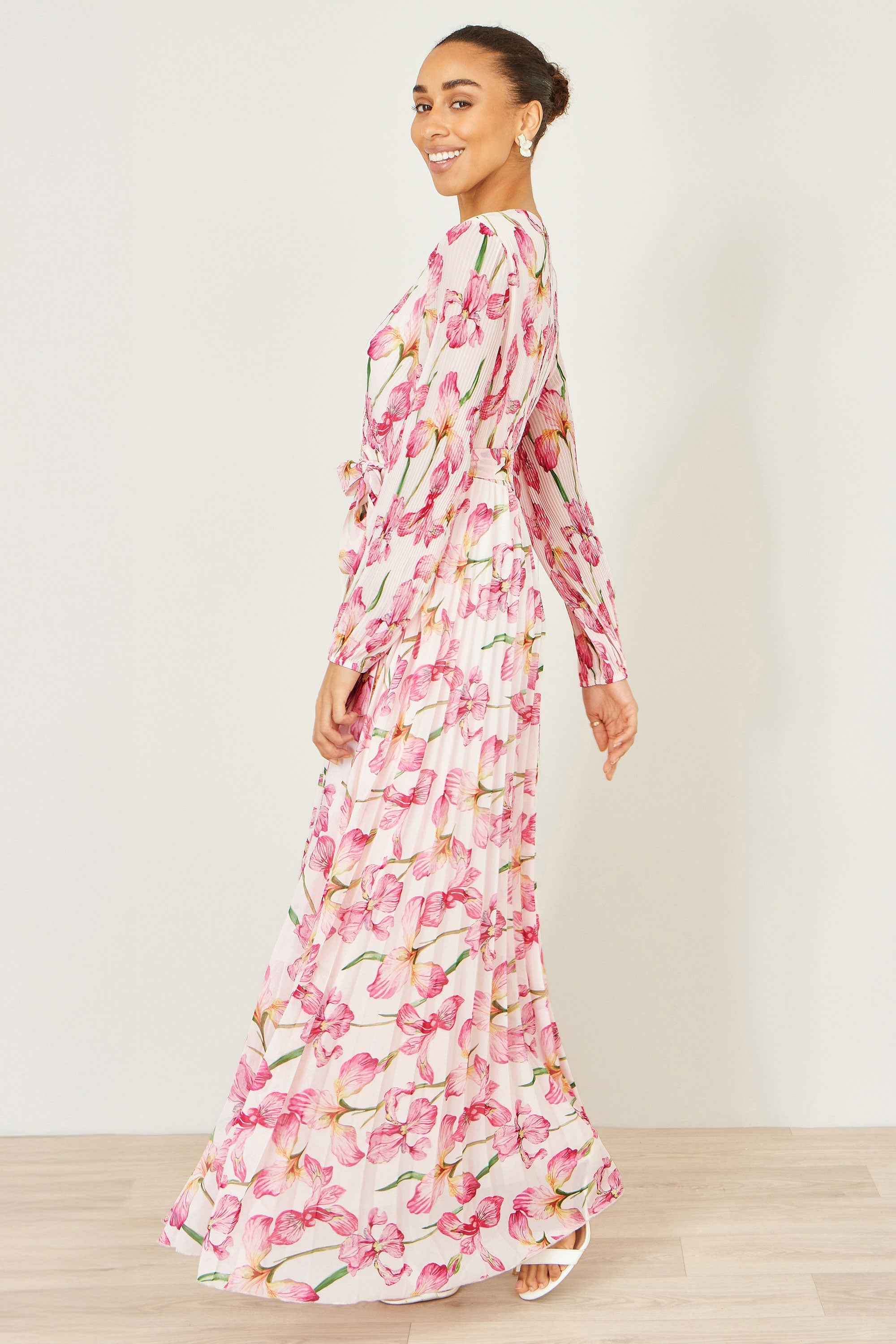 Yumi White Orchid Floral Pleated Wrap Maxi Dress