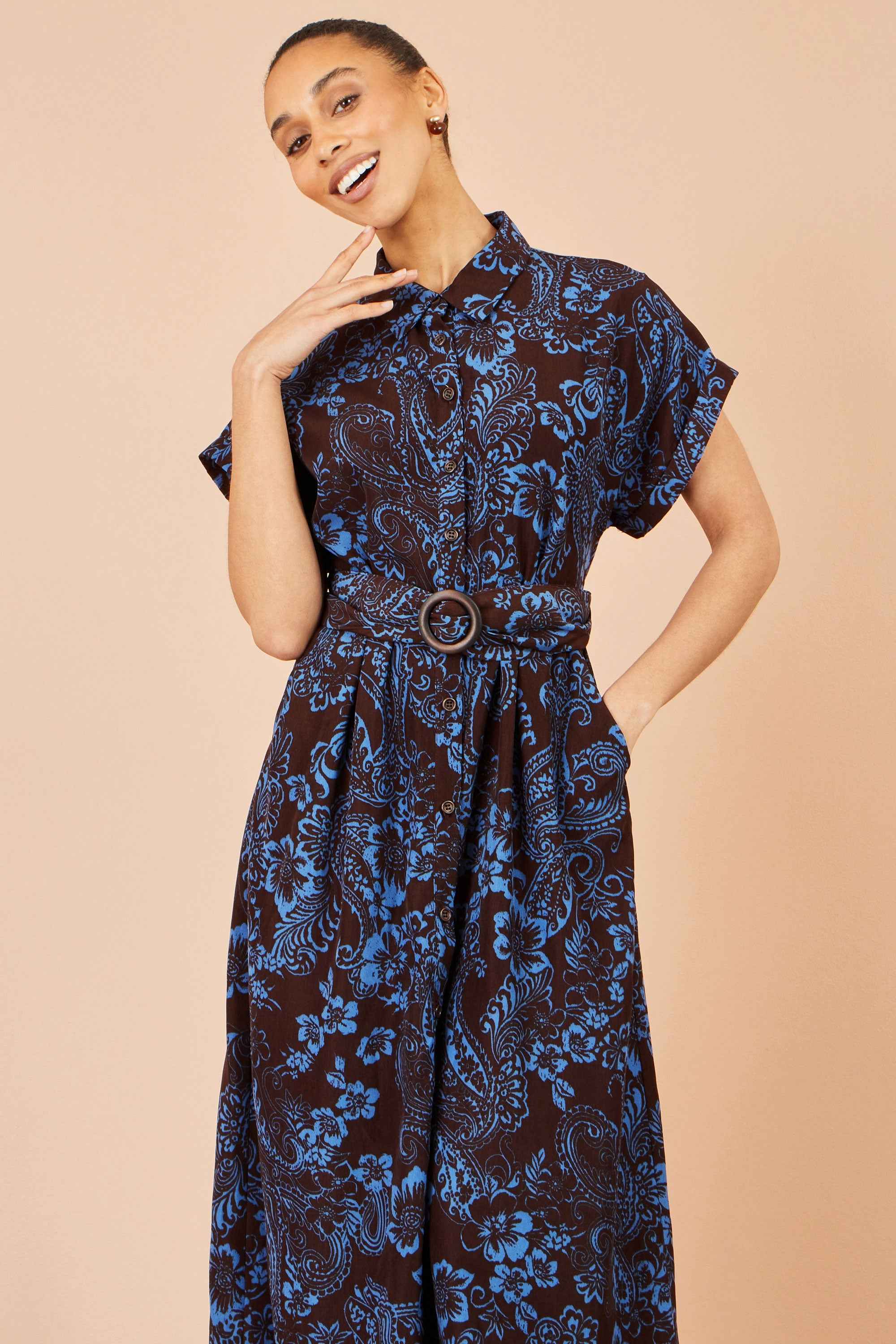 Yumi Brown Paisley Midi Shirt Dress