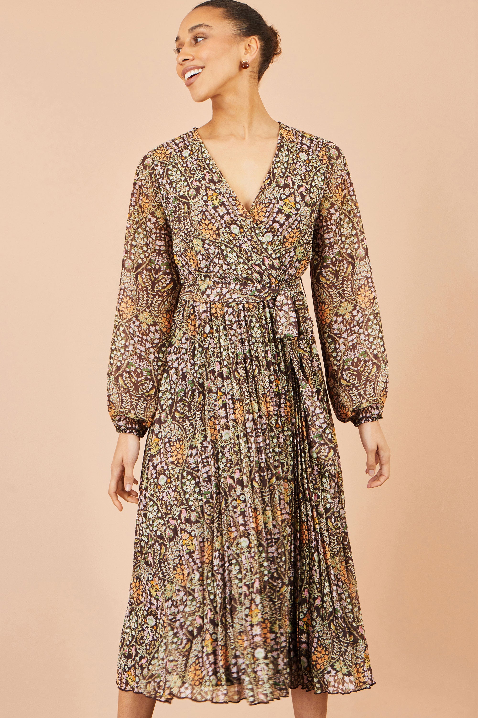 Yumi Brown Ditsy Floral Pleated Midi Dress