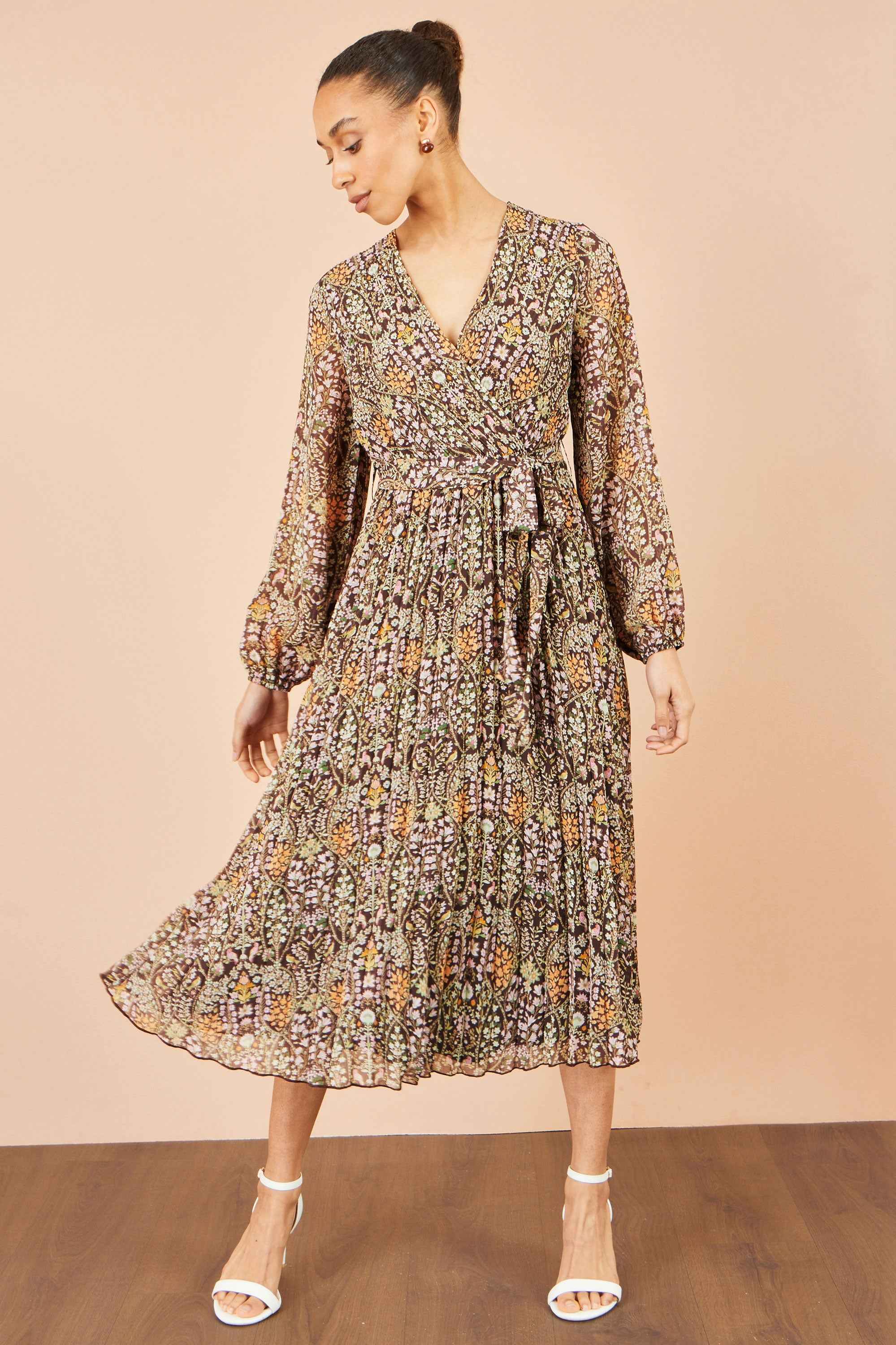 Yumi Brown Ditsy Floral Pleated Midi Dress