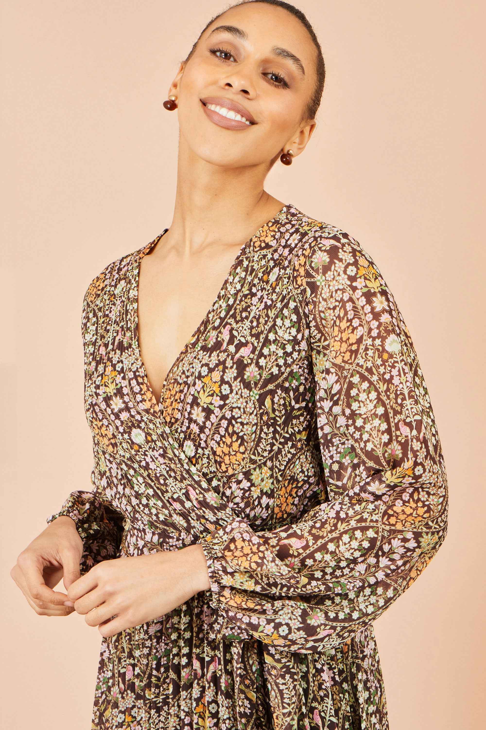 Yumi Brown Ditsy Floral Pleated Midi Dress