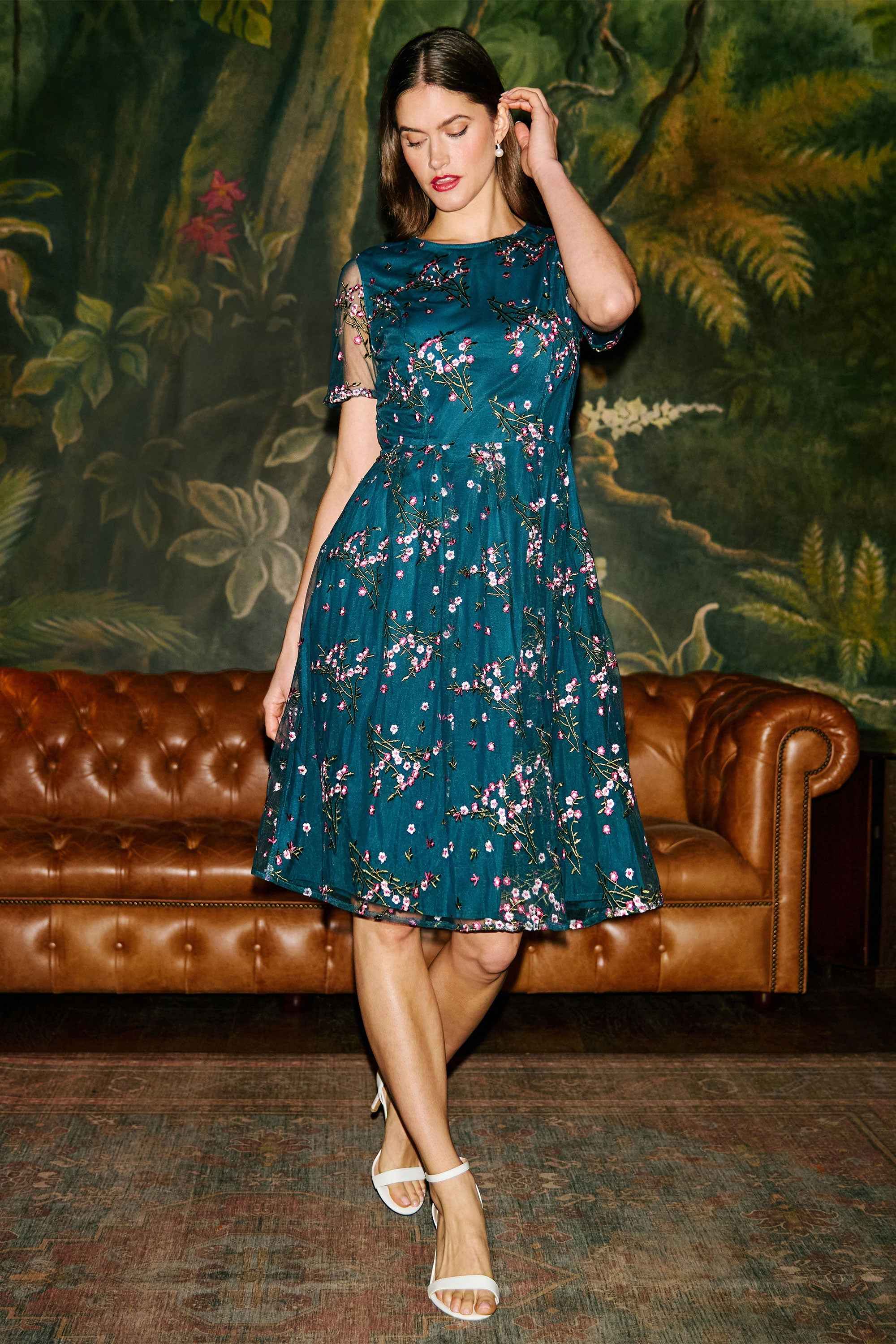 Yumi Teal Embroidered Floral Mesh Prom Dress