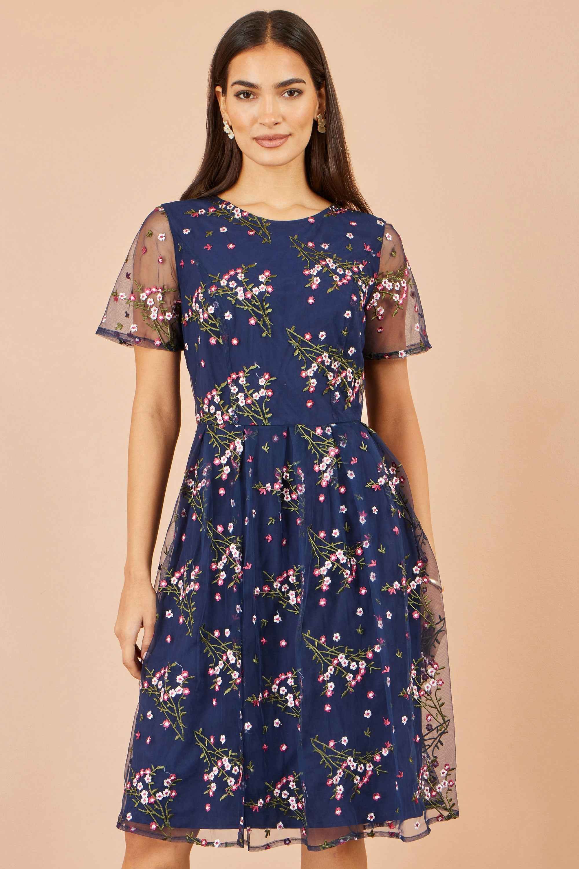 Yumi Navy Embroidered Floral Mesh Prom Dress