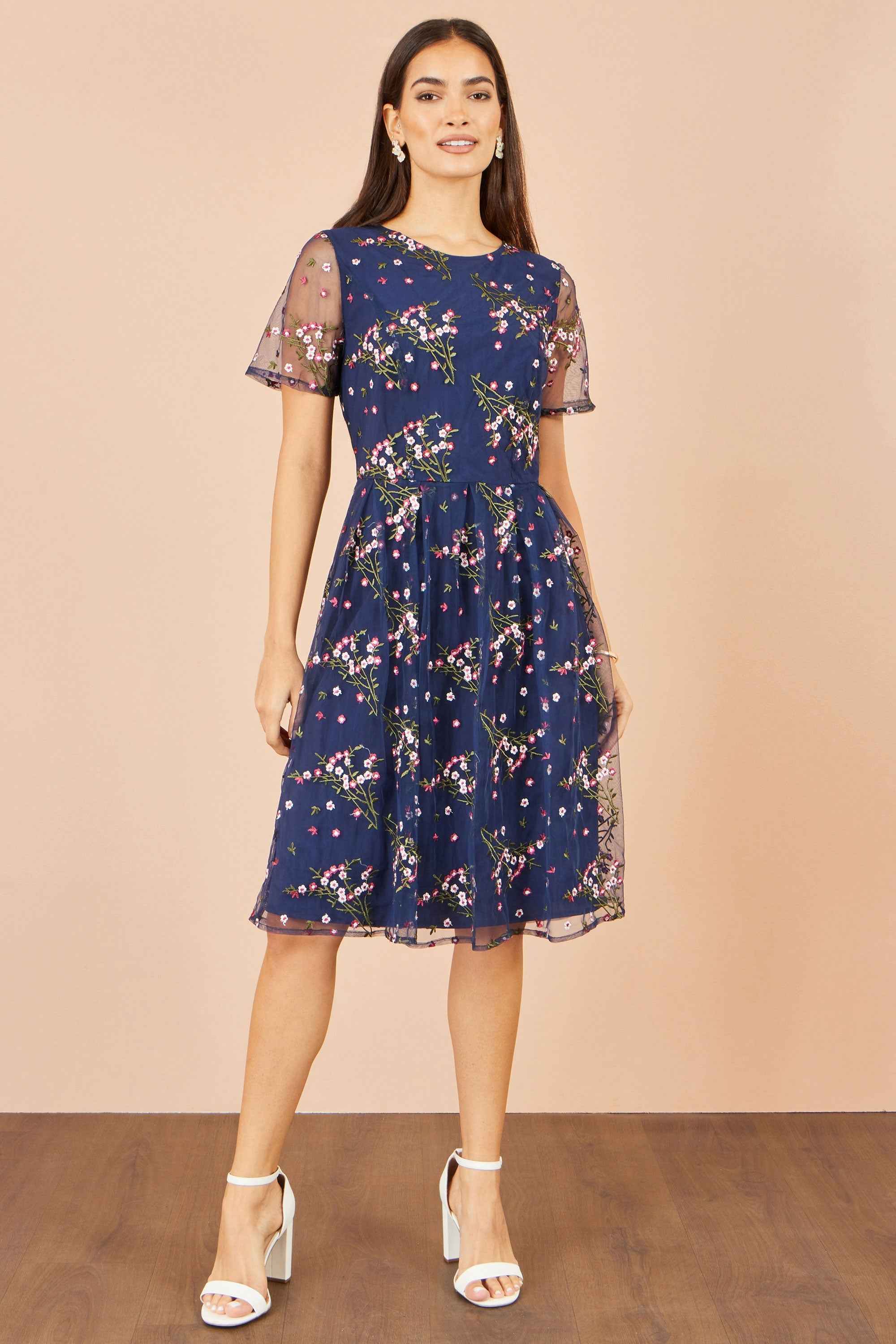 Yumi Navy Embroidered Floral Mesh Prom Dress