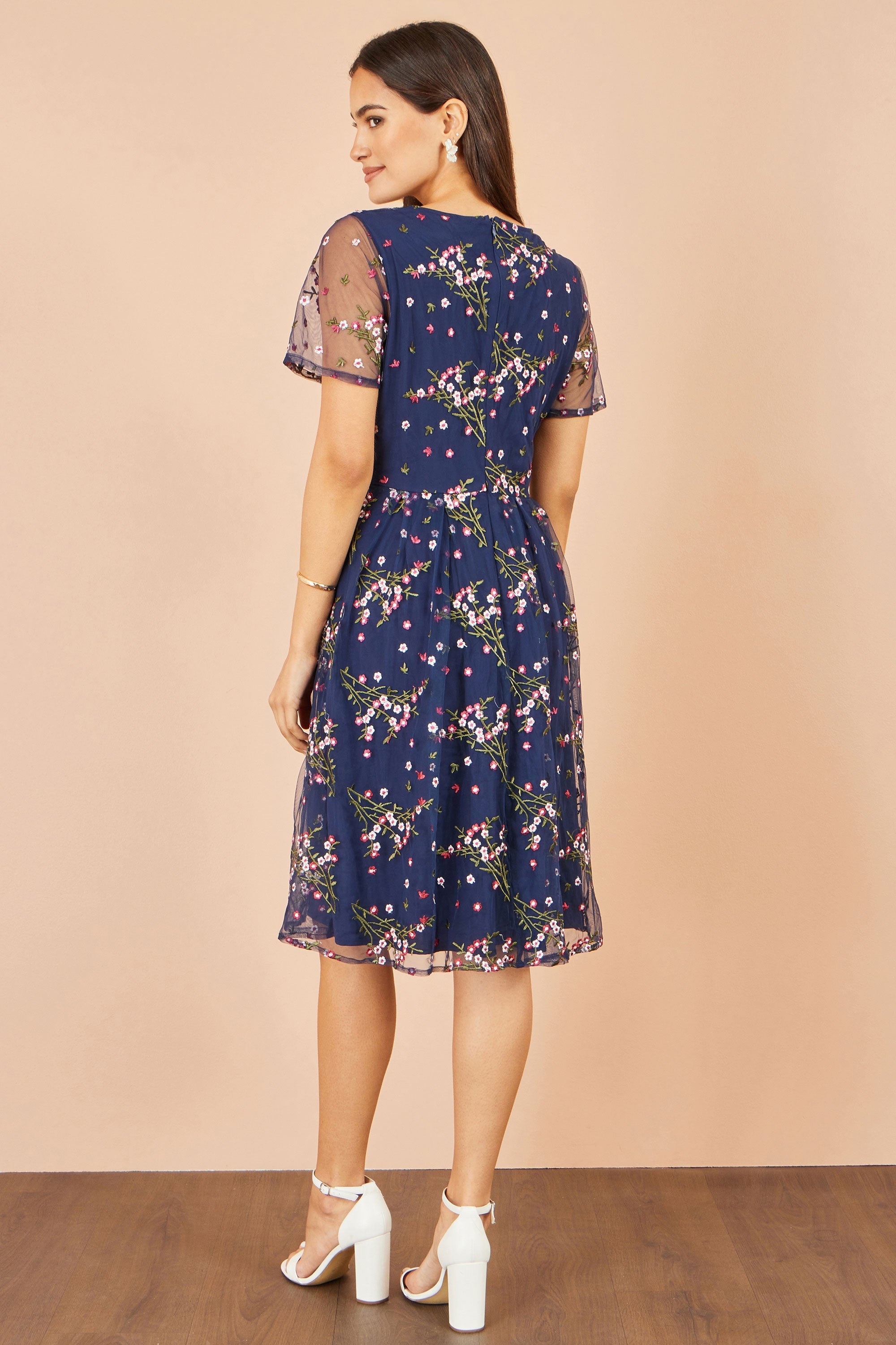Yumi Navy Embroidered Floral Mesh Prom Dress