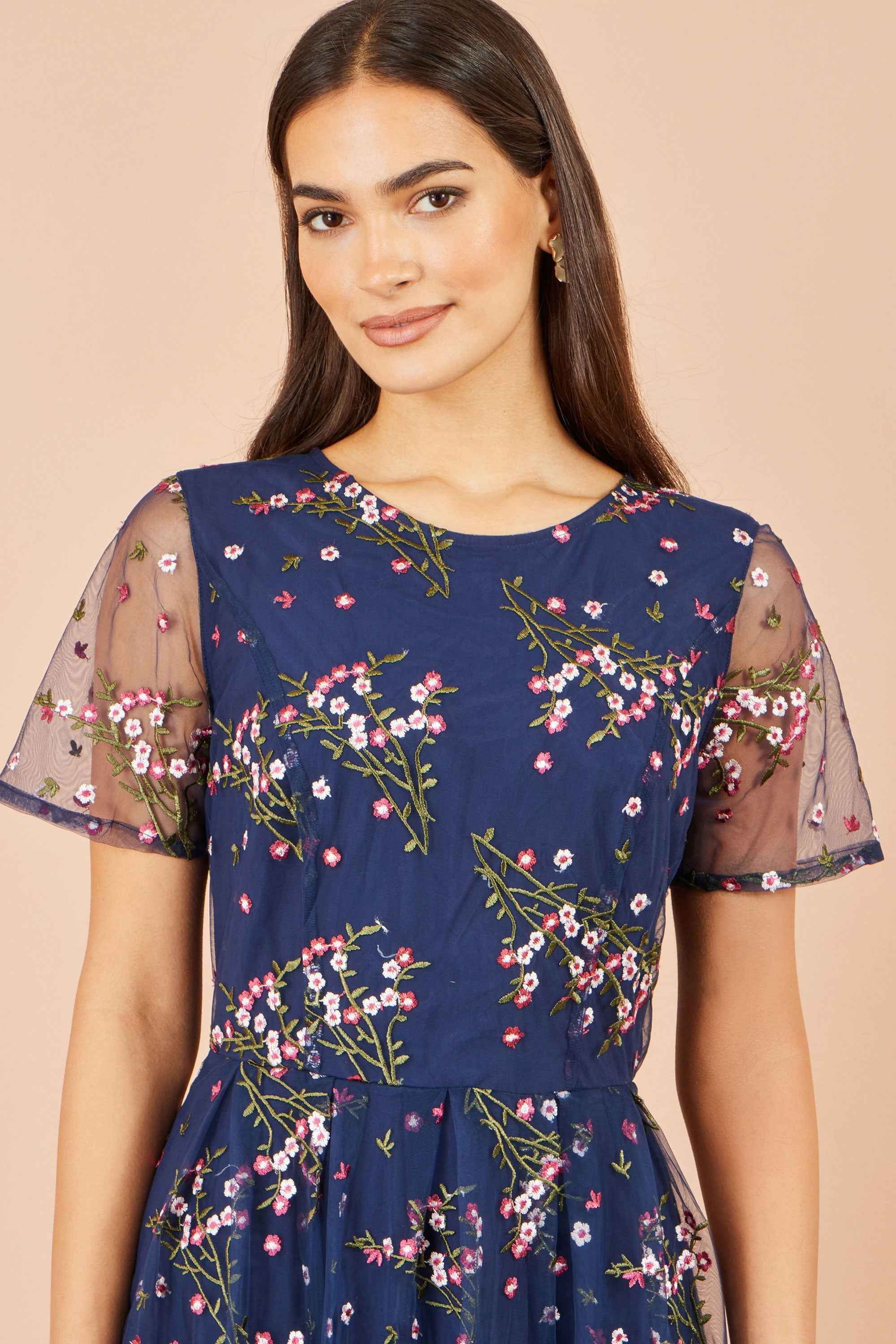 Yumi Navy Embroidered Floral Mesh Prom Dress
