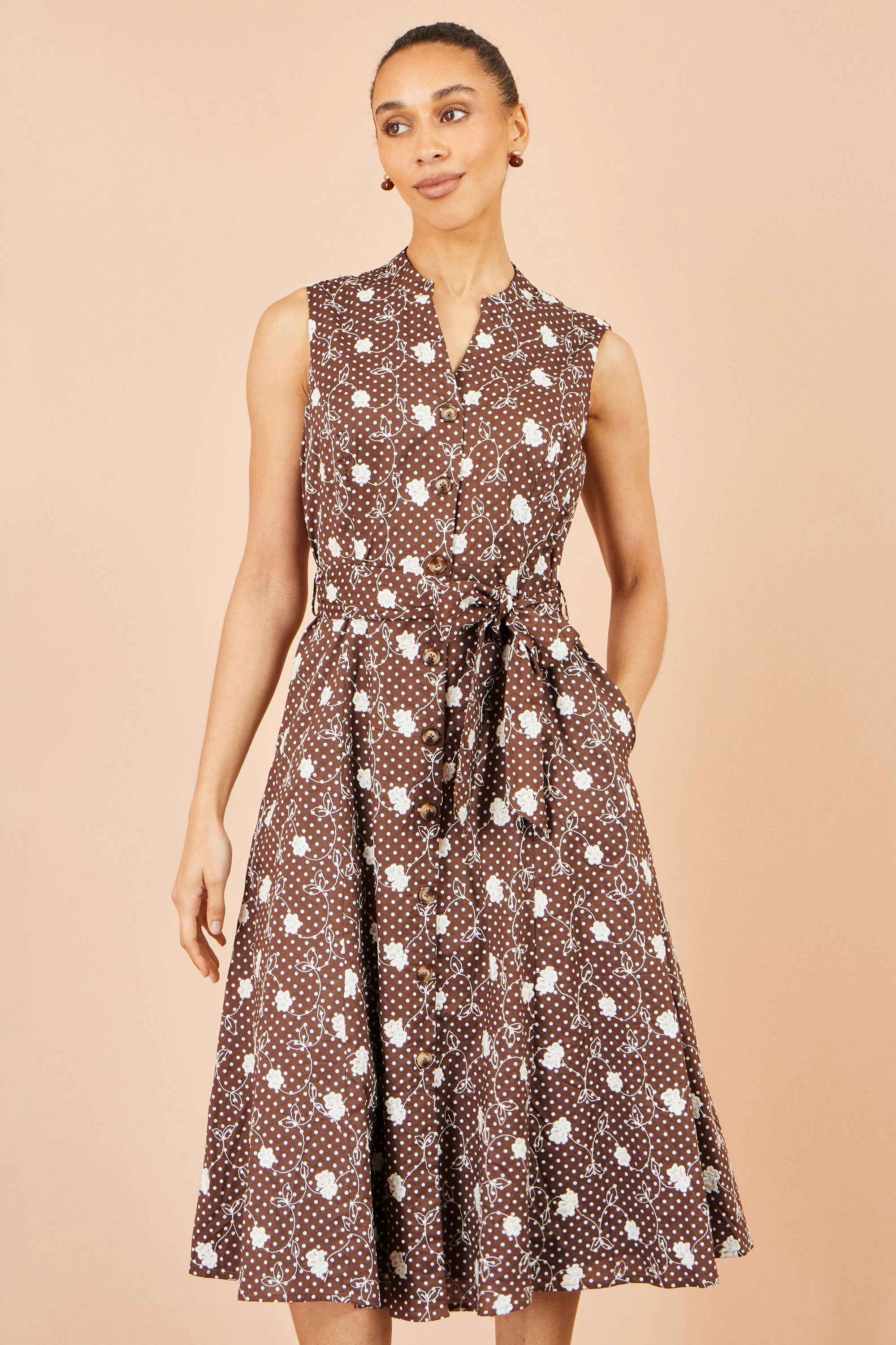 Yumi Brown Cotton Embroidery Shirt Dress