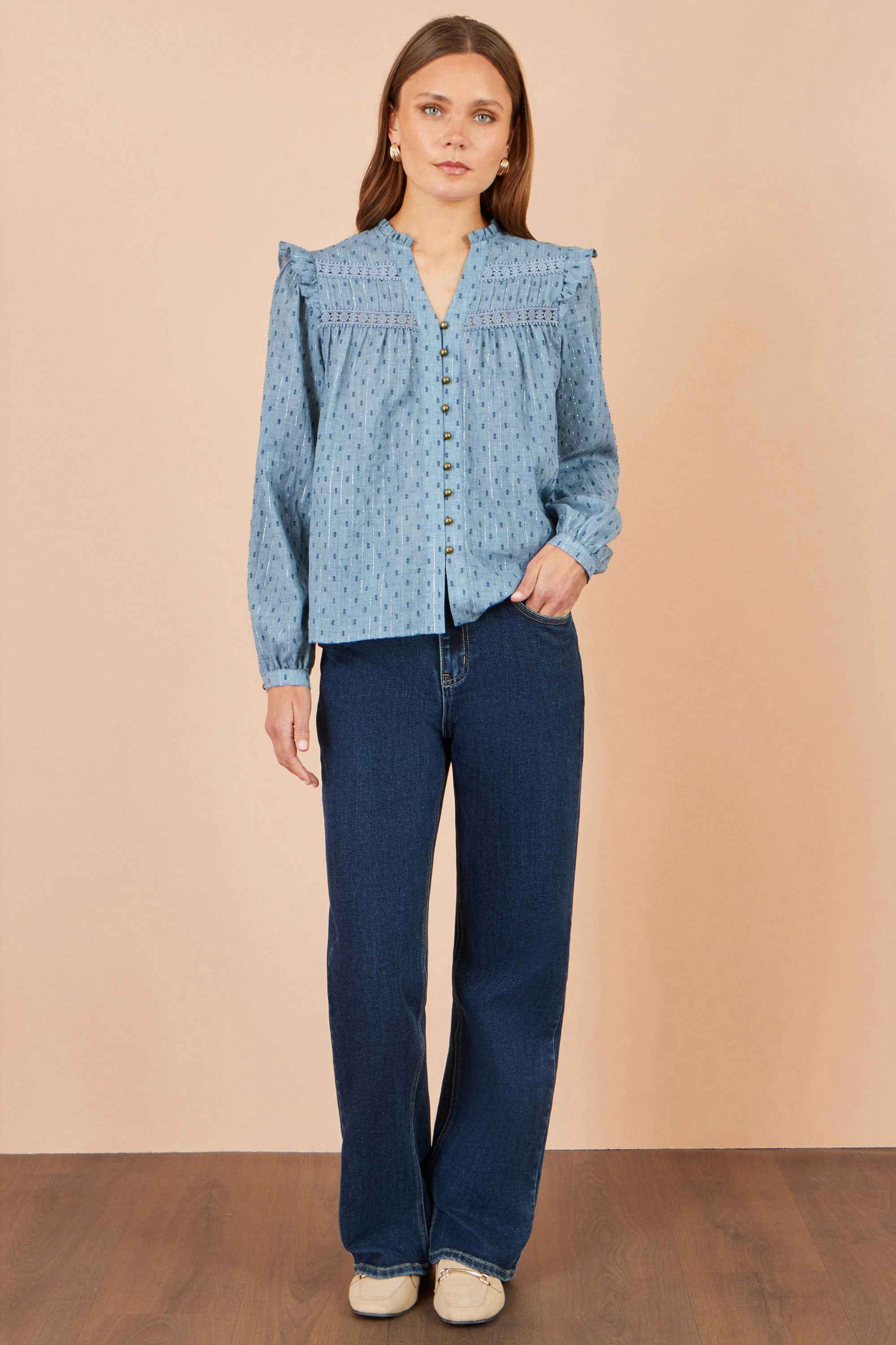 Yumi Blue Cotton Lace Detail Shirt