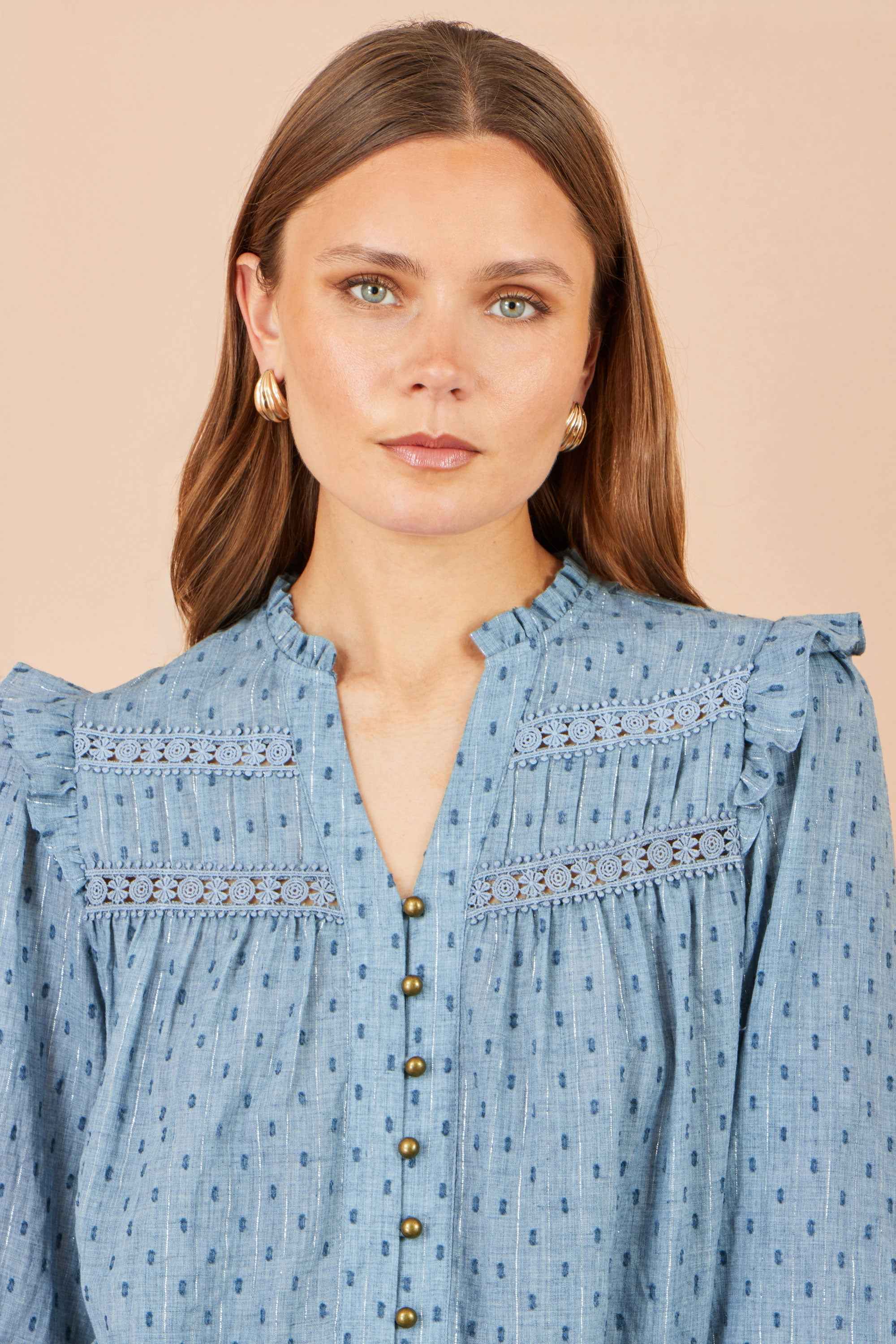 Yumi Blue Cotton Lace Detail Shirt