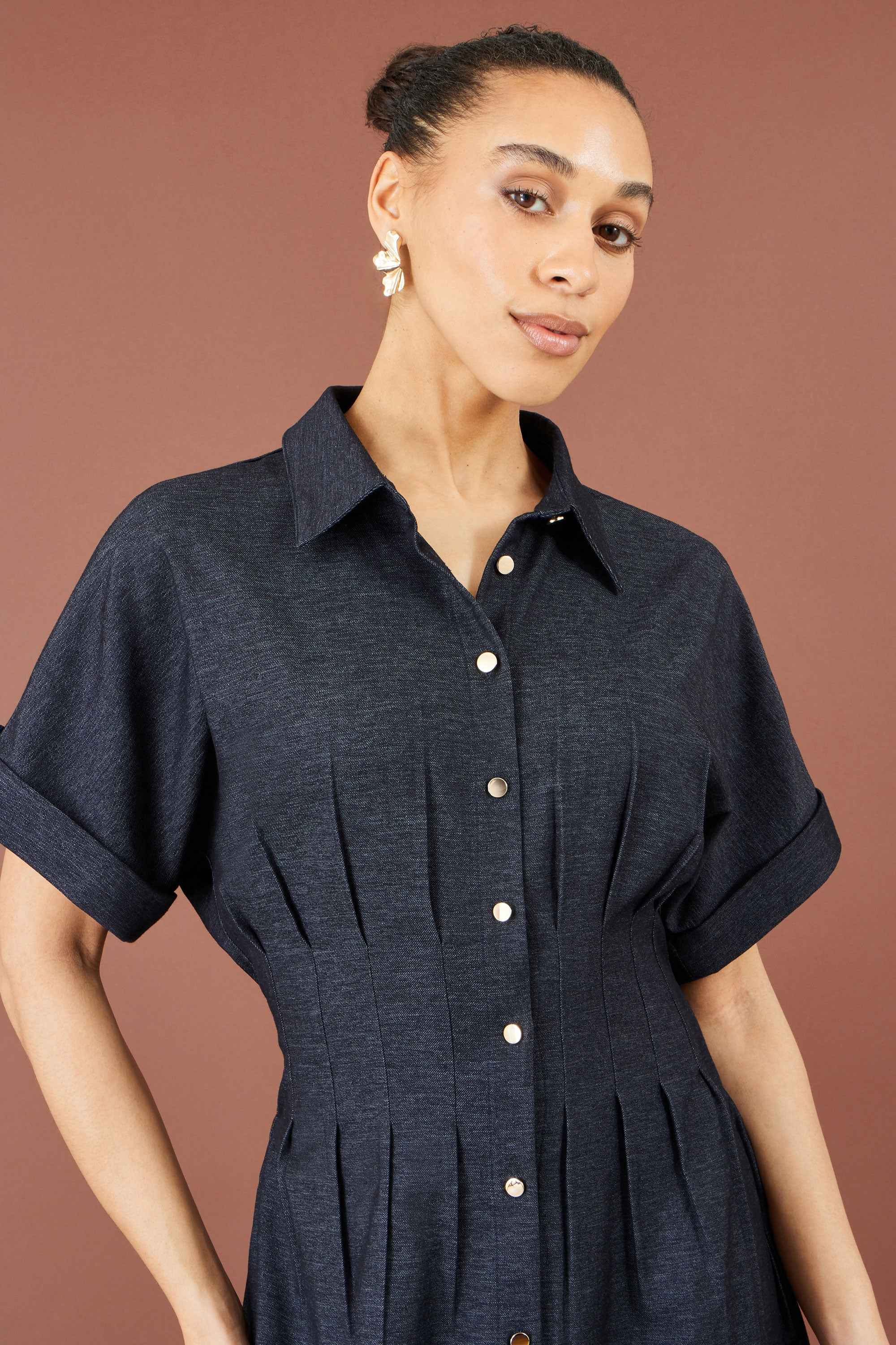Yumi Navy Stretch Midi Shirt Dress