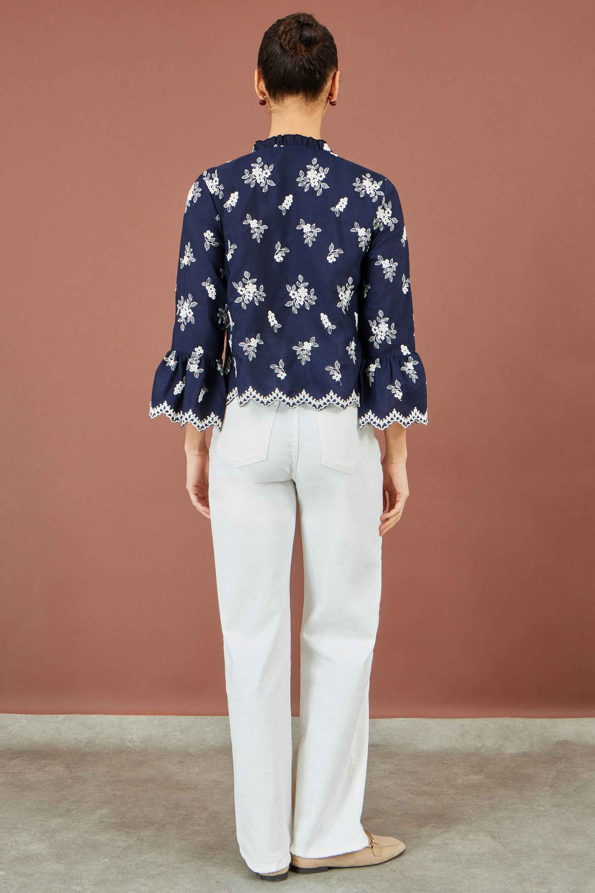 Yumi Navy Broderie Shirt With Fluted Sleeves