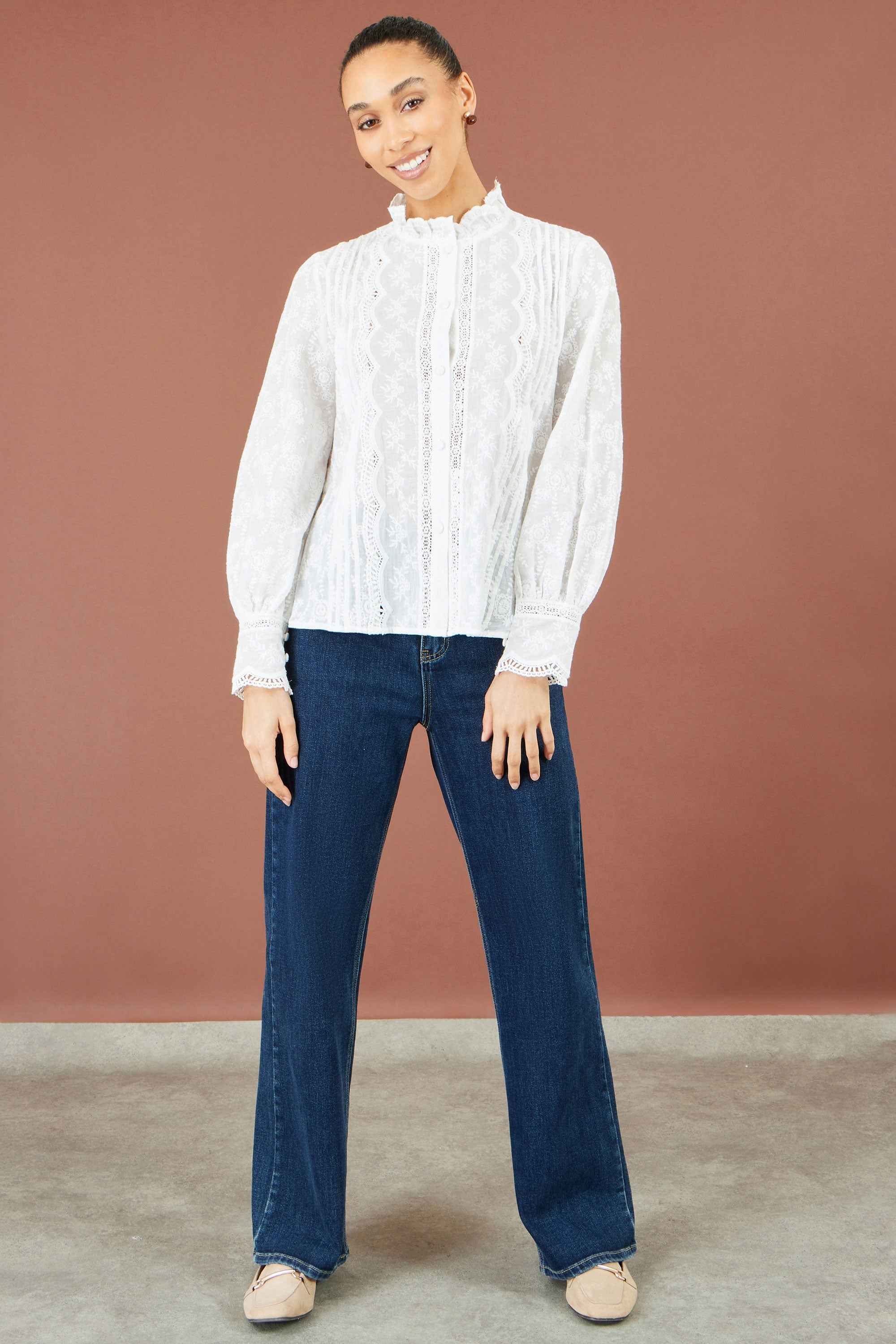 Yumi White Floral Cotton Shirt With Lace Details
