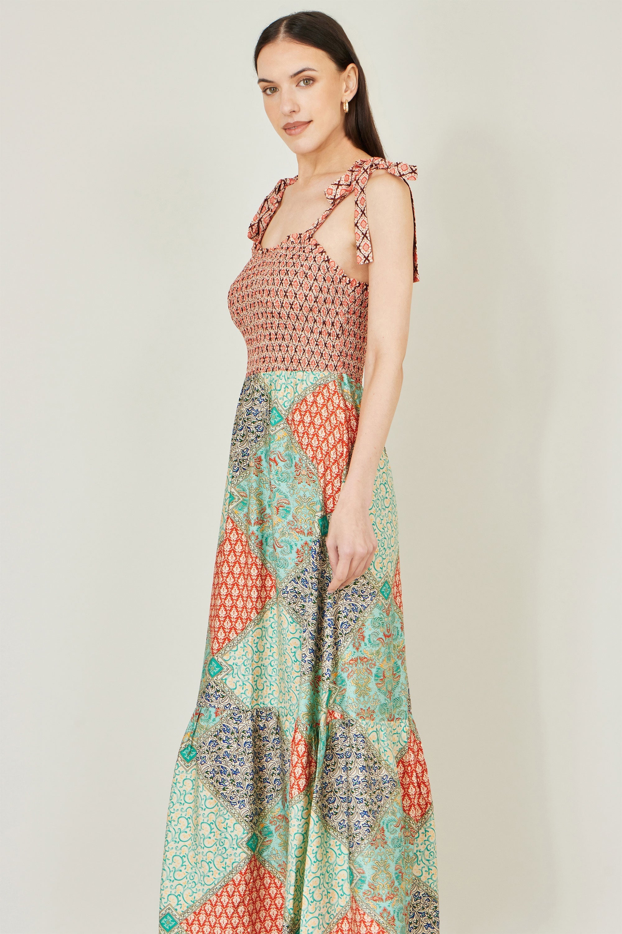 Yumi Multicolour Patchwork Ruched Smocked Maxi Sundress