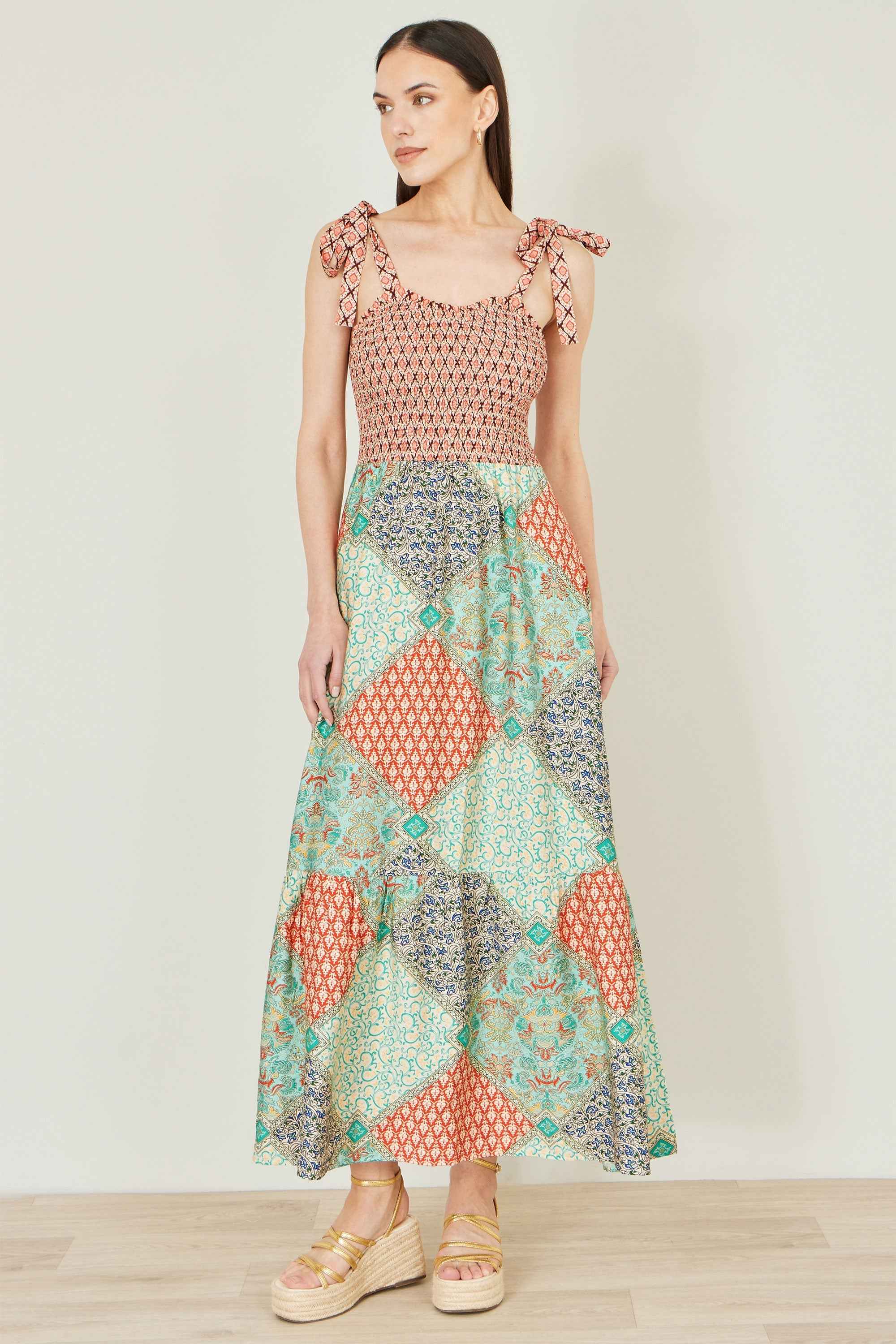 Yumi Multicolour Patchwork Ruched Smocked Maxi Sundress