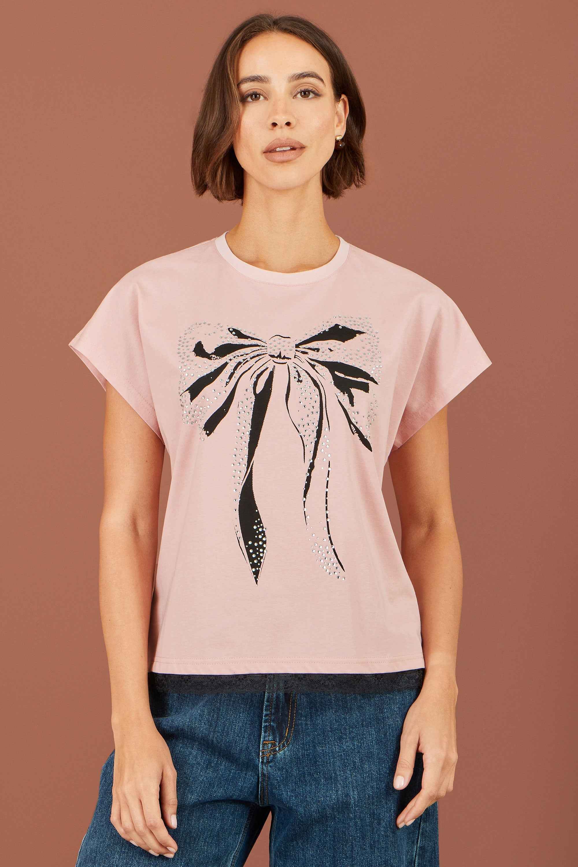 Yumi Pink Bow T-Shirt With Lace