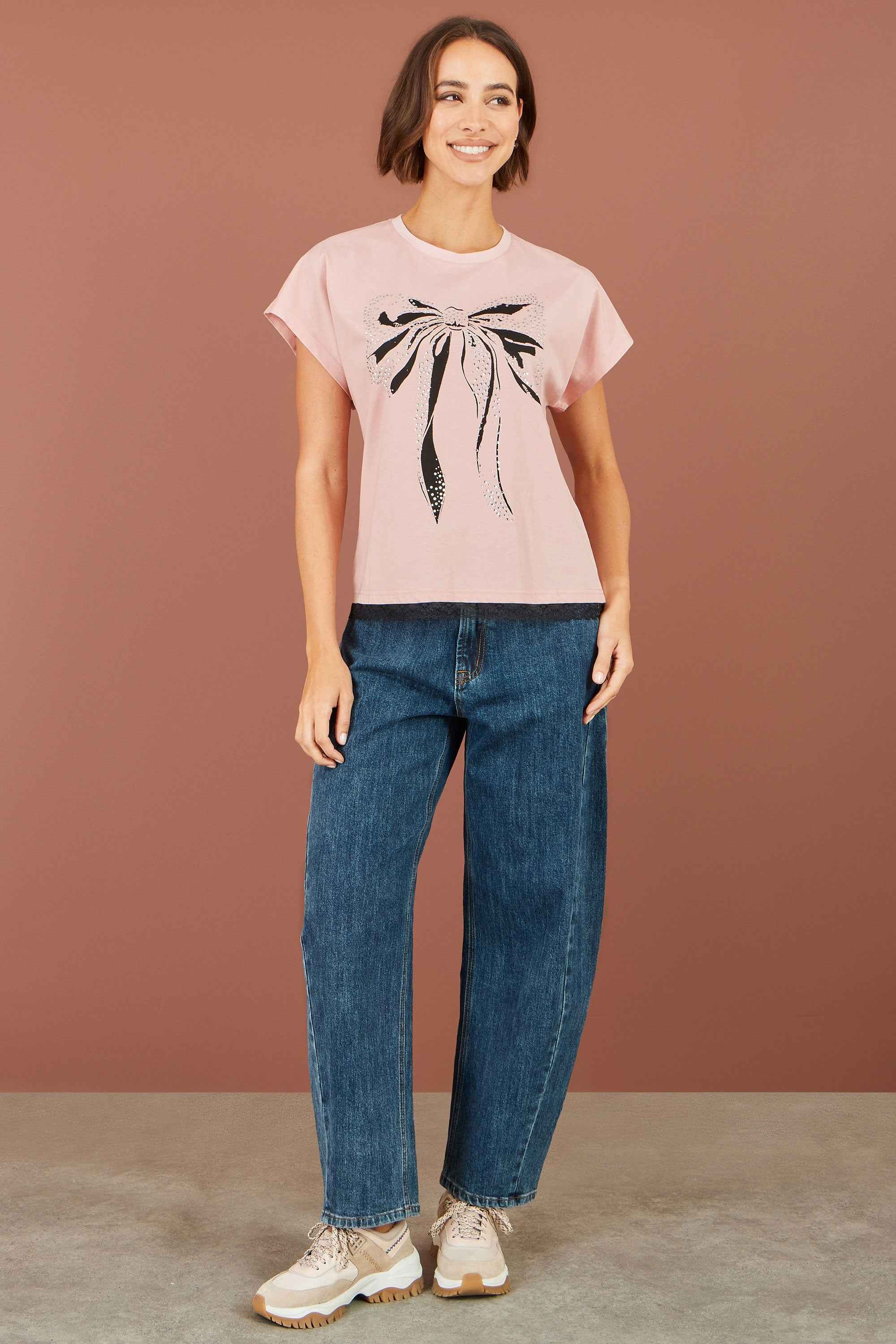 Yumi Pink Bow T-Shirt With Lace