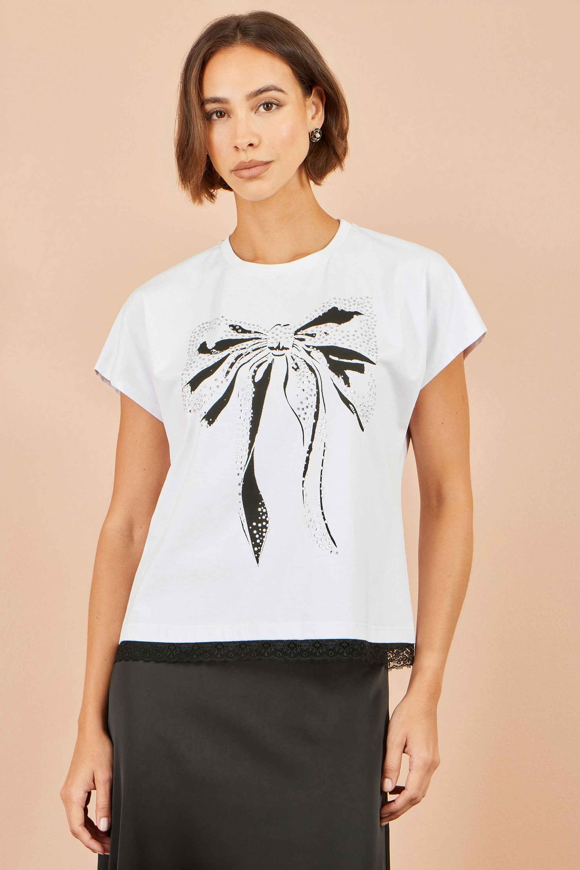 Yumi White Bow T-Shirt With Lace