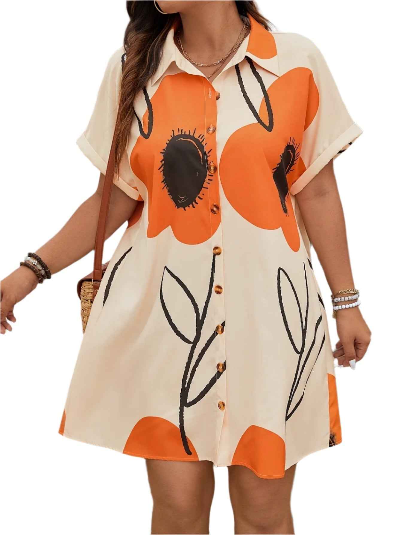 Elegant Plus Size Floral Print Tunic Dress
