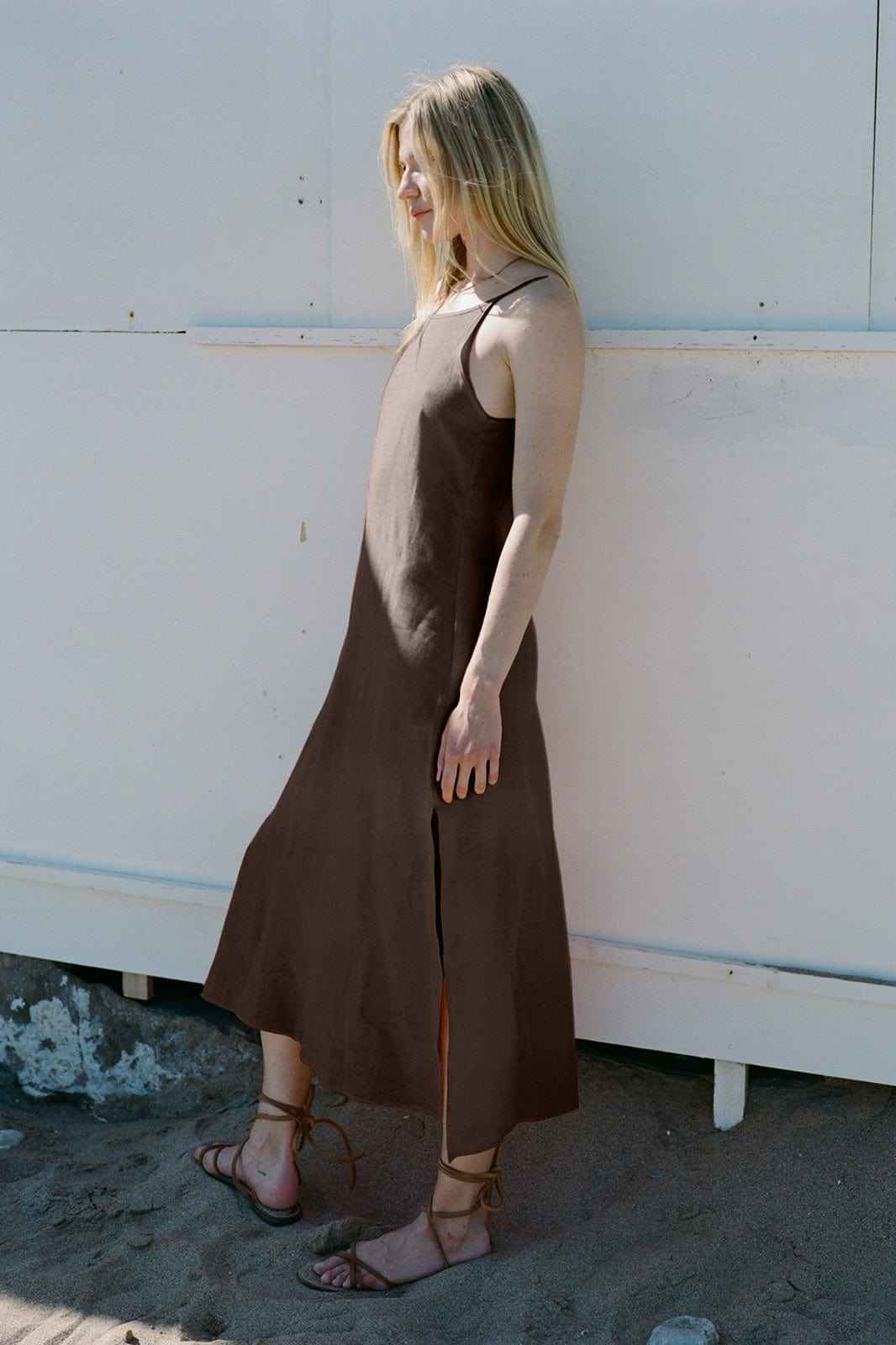 The Trude Linen Slip Dress in chocolate