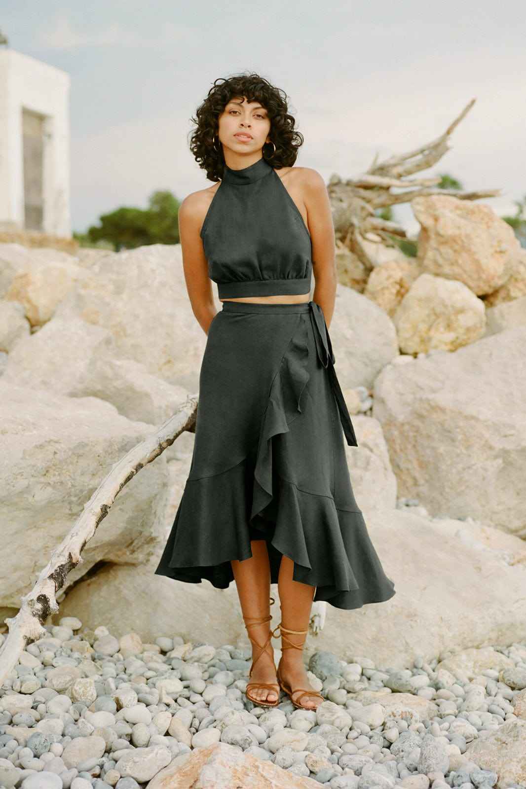 The Catalina Linen Wrap Skirt in black