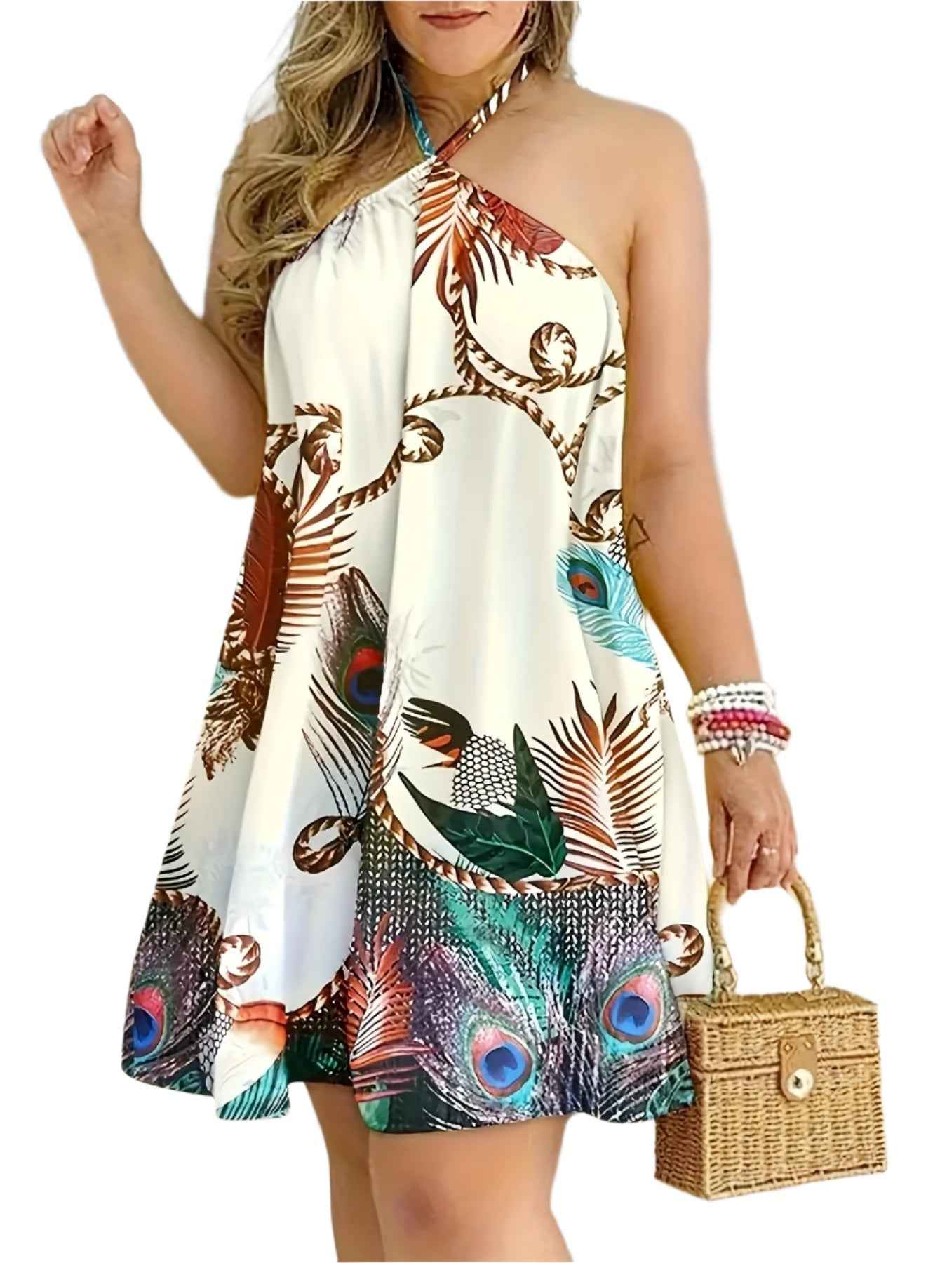 ST22079 Women's Summer Off-Shoulder Halter Tie Loose Printed Dress