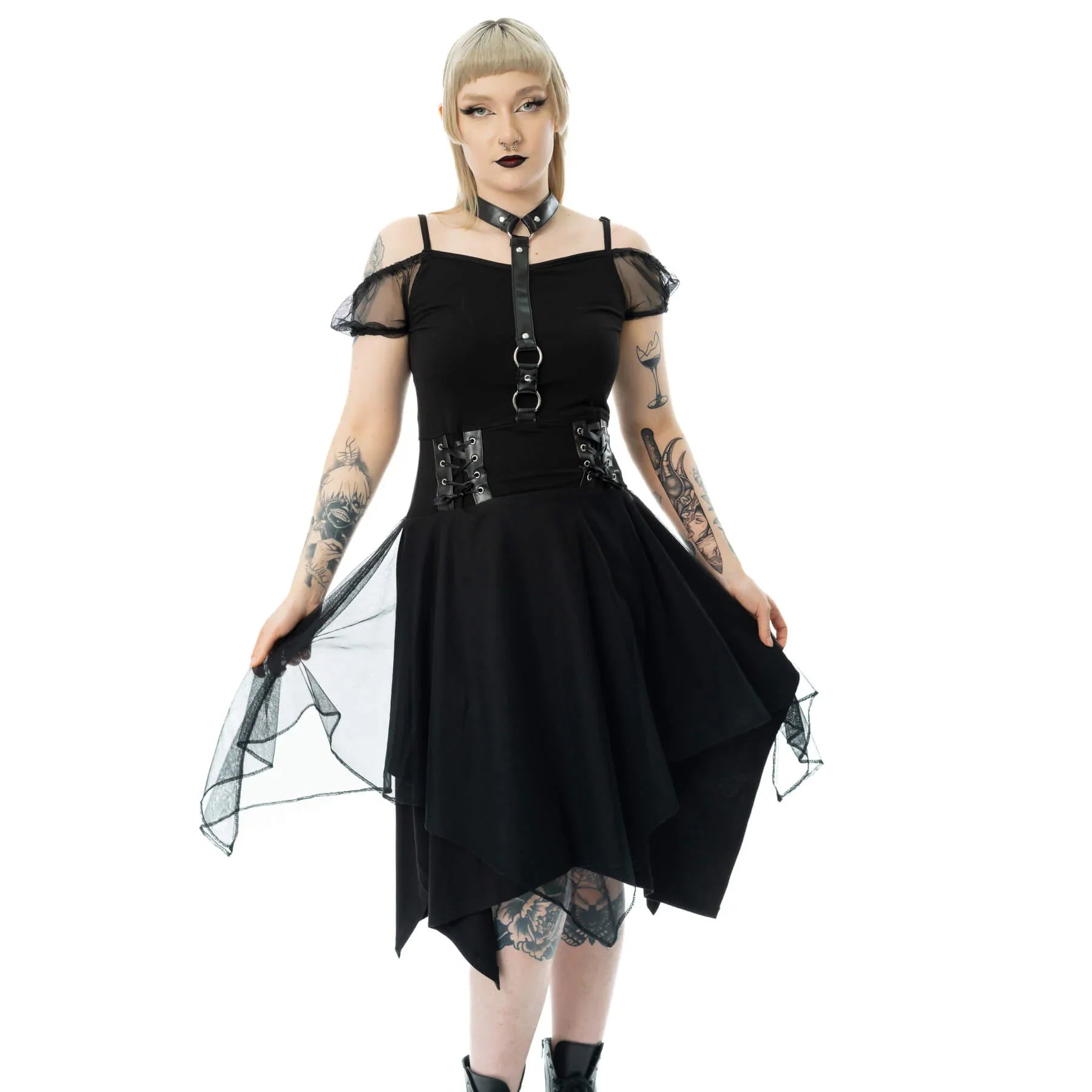 Poizen Industries Banshee Gothic Mini Dress - Cold Shoulder Mesh & Lace-Up