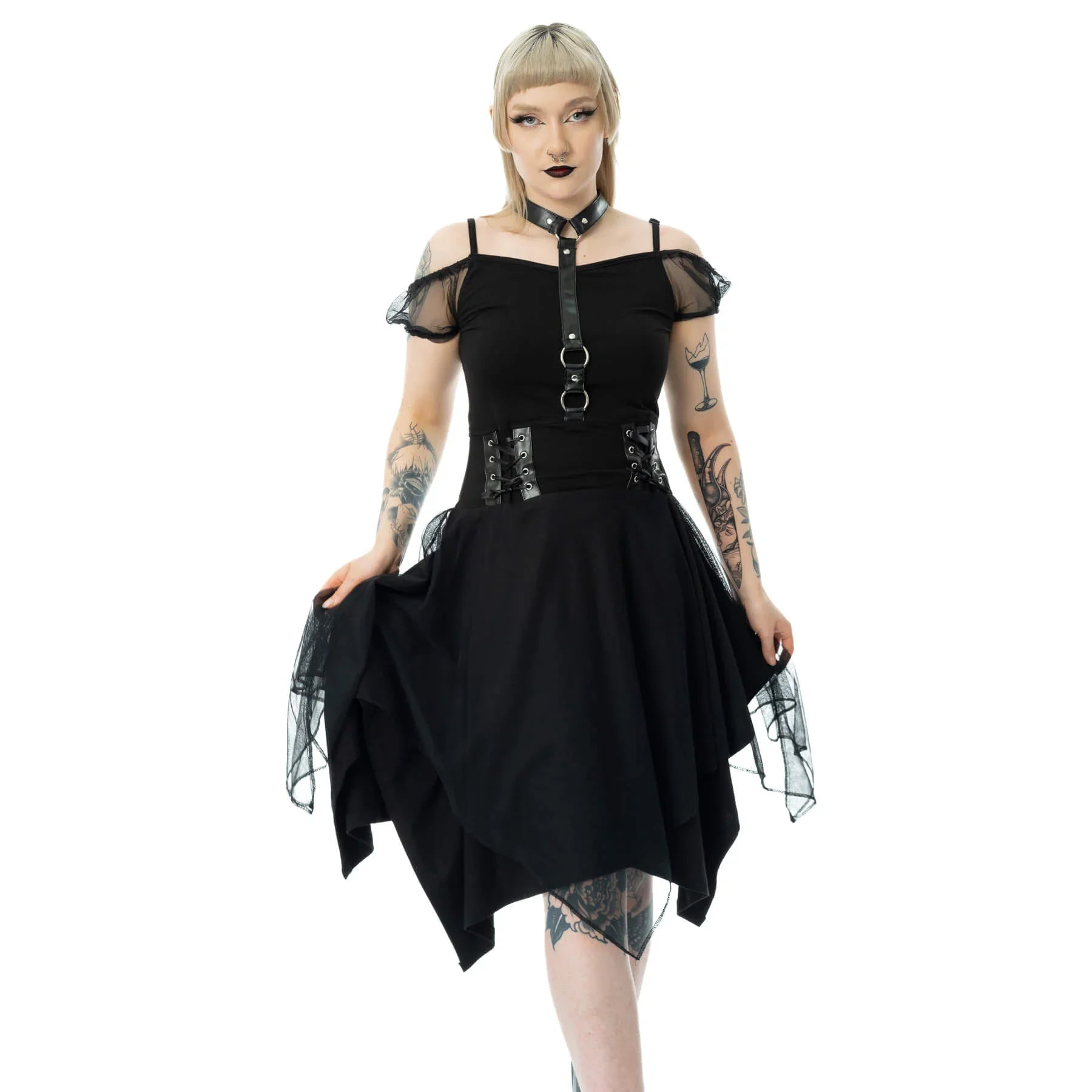 Poizen Industries Banshee Gothic Mini Dress - Cold Shoulder Mesh & Lace-Up