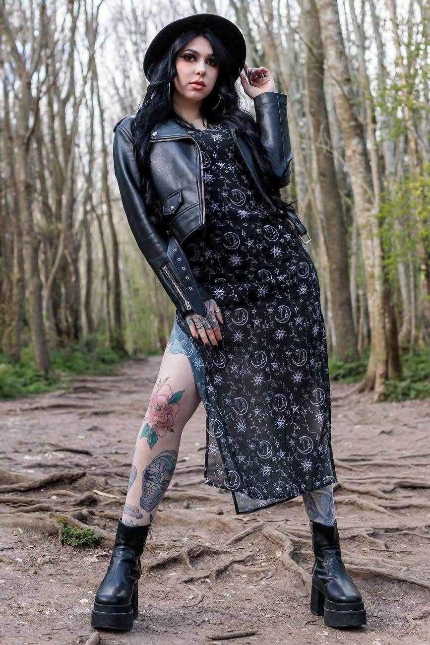 Alternative Moonprint Maxi Dress With Straps And Leg Split