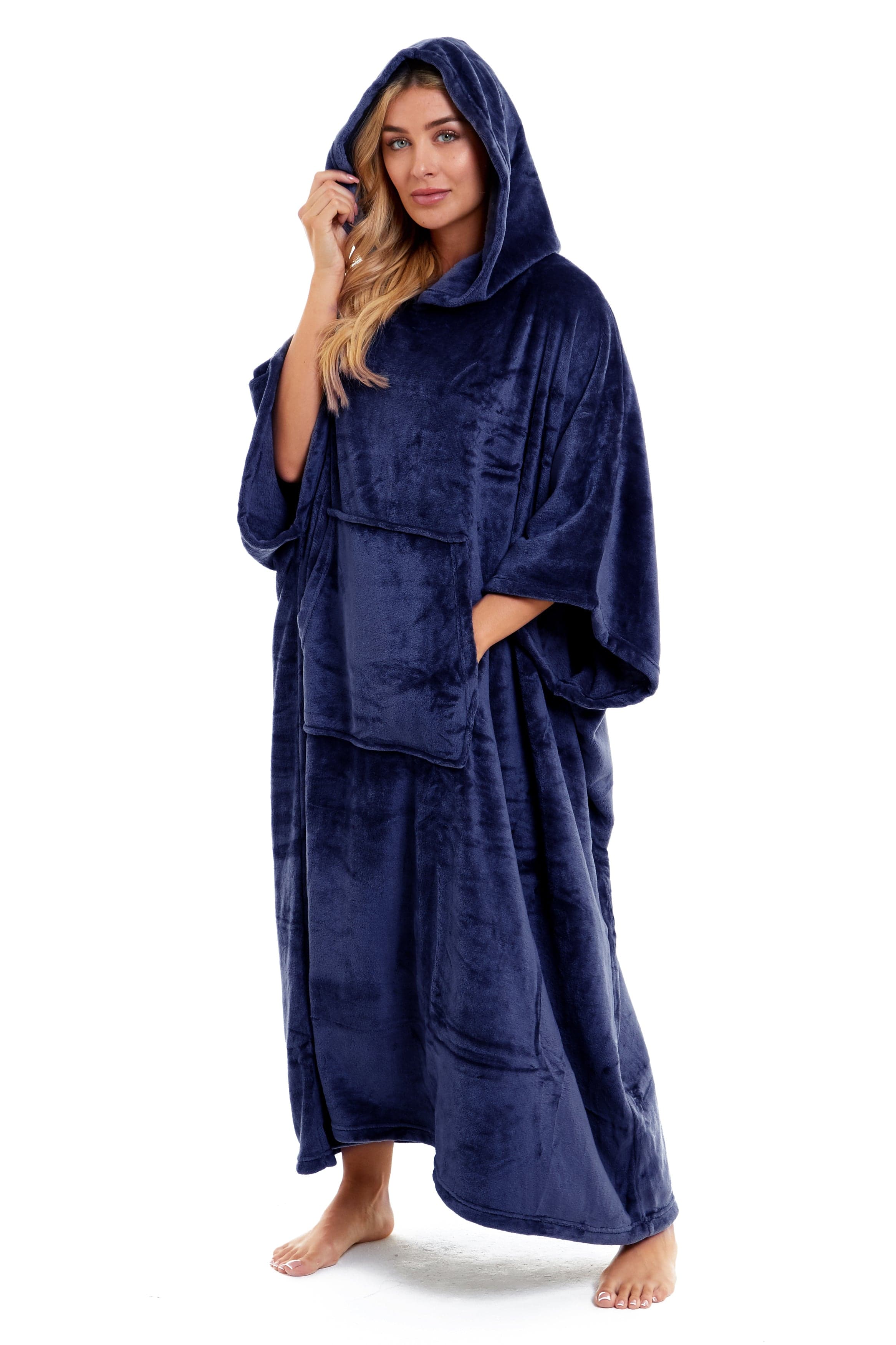 OLIVIA ROCCO Women's Oversized Hooded Poncho Blanket Plush Fleece Navy Charcoal Cosy Sofa and Bedroom Layering