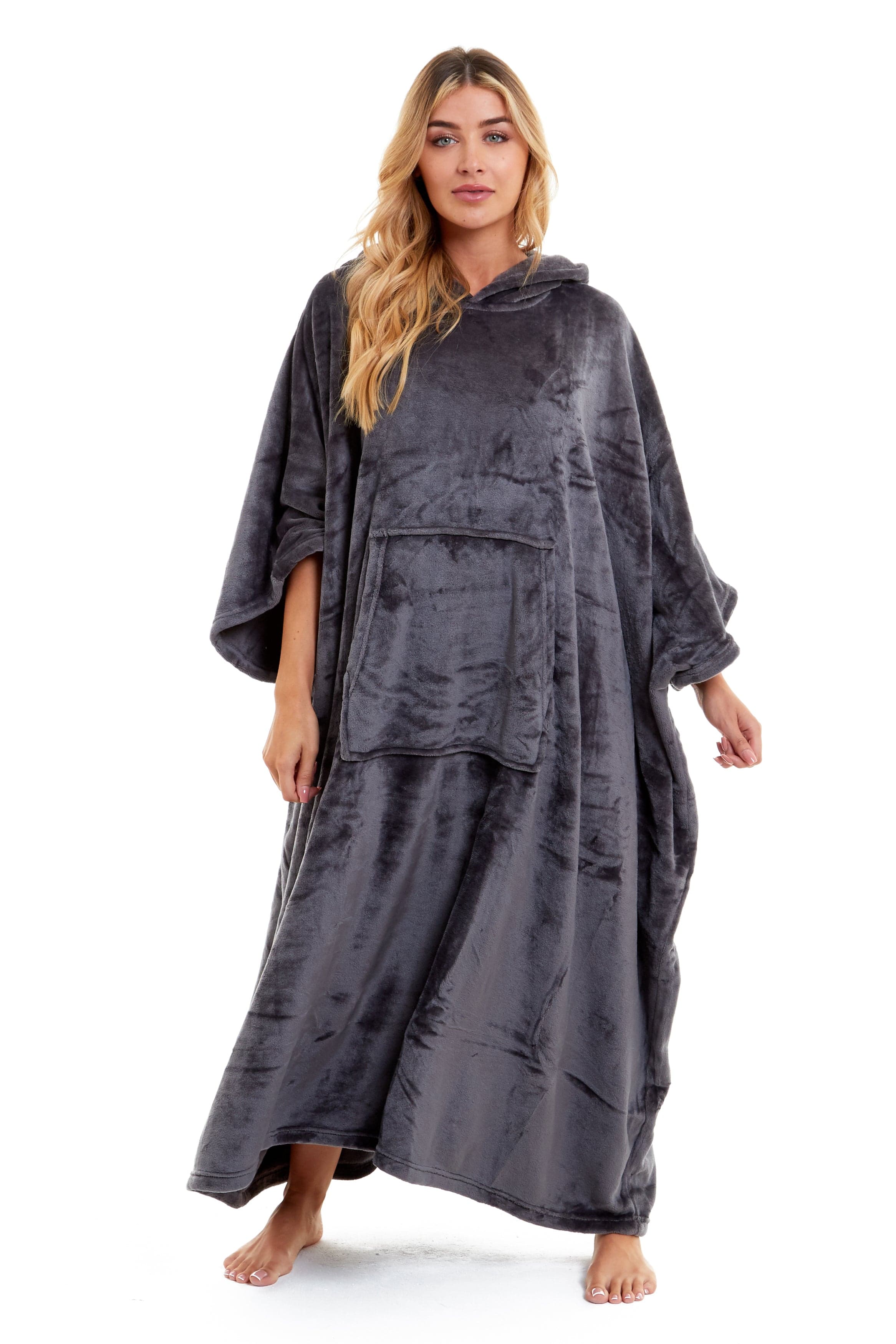 OLIVIA ROCCO Women's Oversized Hooded Poncho Blanket Plush Fleece Navy Charcoal Cosy Sofa and Bedroom Layering