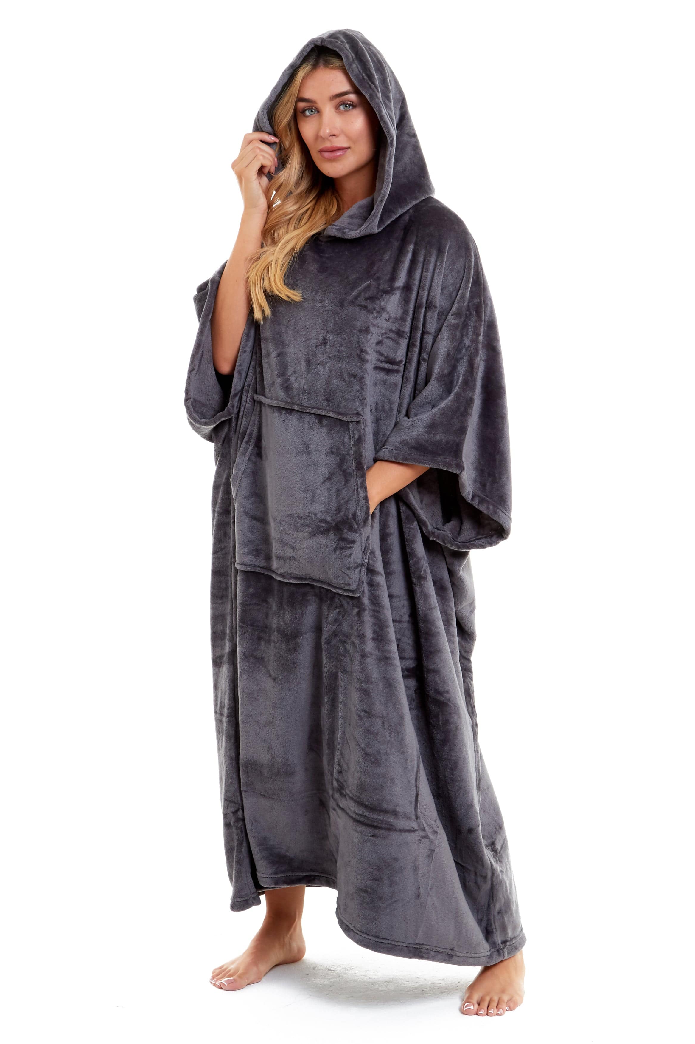 OLIVIA ROCCO Women's Oversized Hooded Poncho Blanket Plush Fleece Navy Charcoal Cosy Sofa and Bedroom Layering