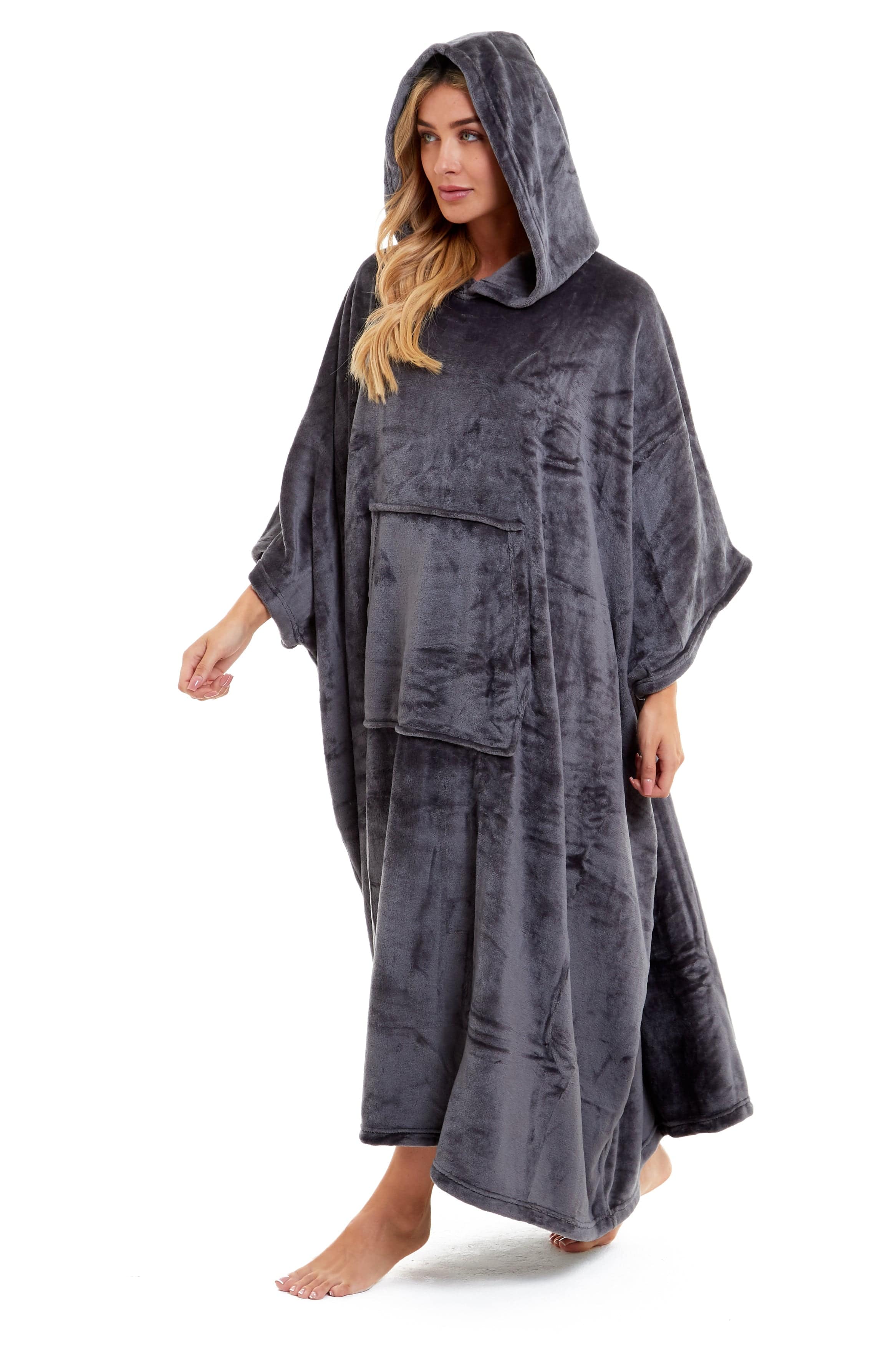 OLIVIA ROCCO Women's Oversized Hooded Poncho Blanket Plush Fleece Navy Charcoal Cosy Sofa and Bedroom Layering