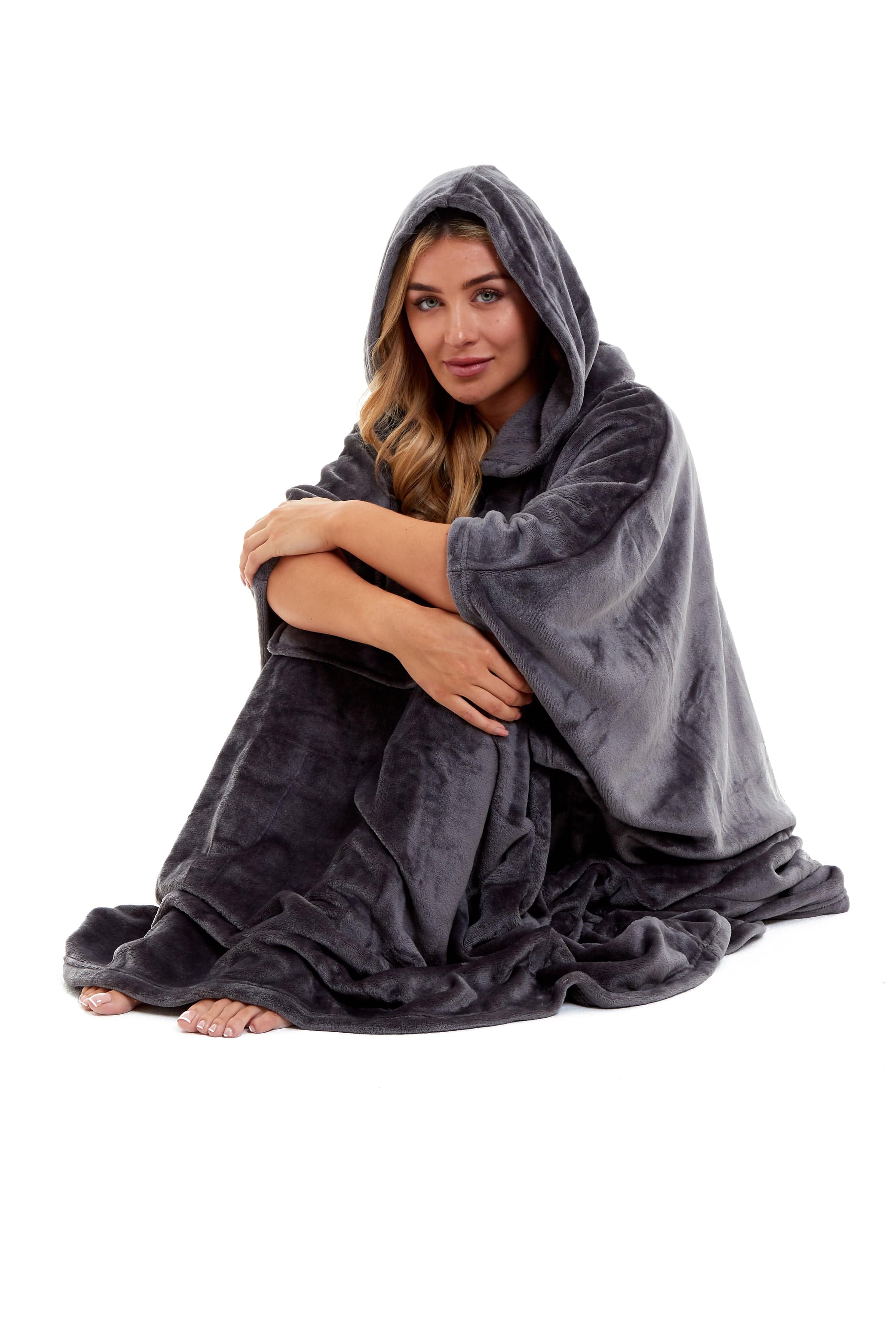 OLIVIA ROCCO Women's Oversized Hooded Poncho Blanket Plush Fleece Navy Charcoal Cosy Sofa and Bedroom Layering