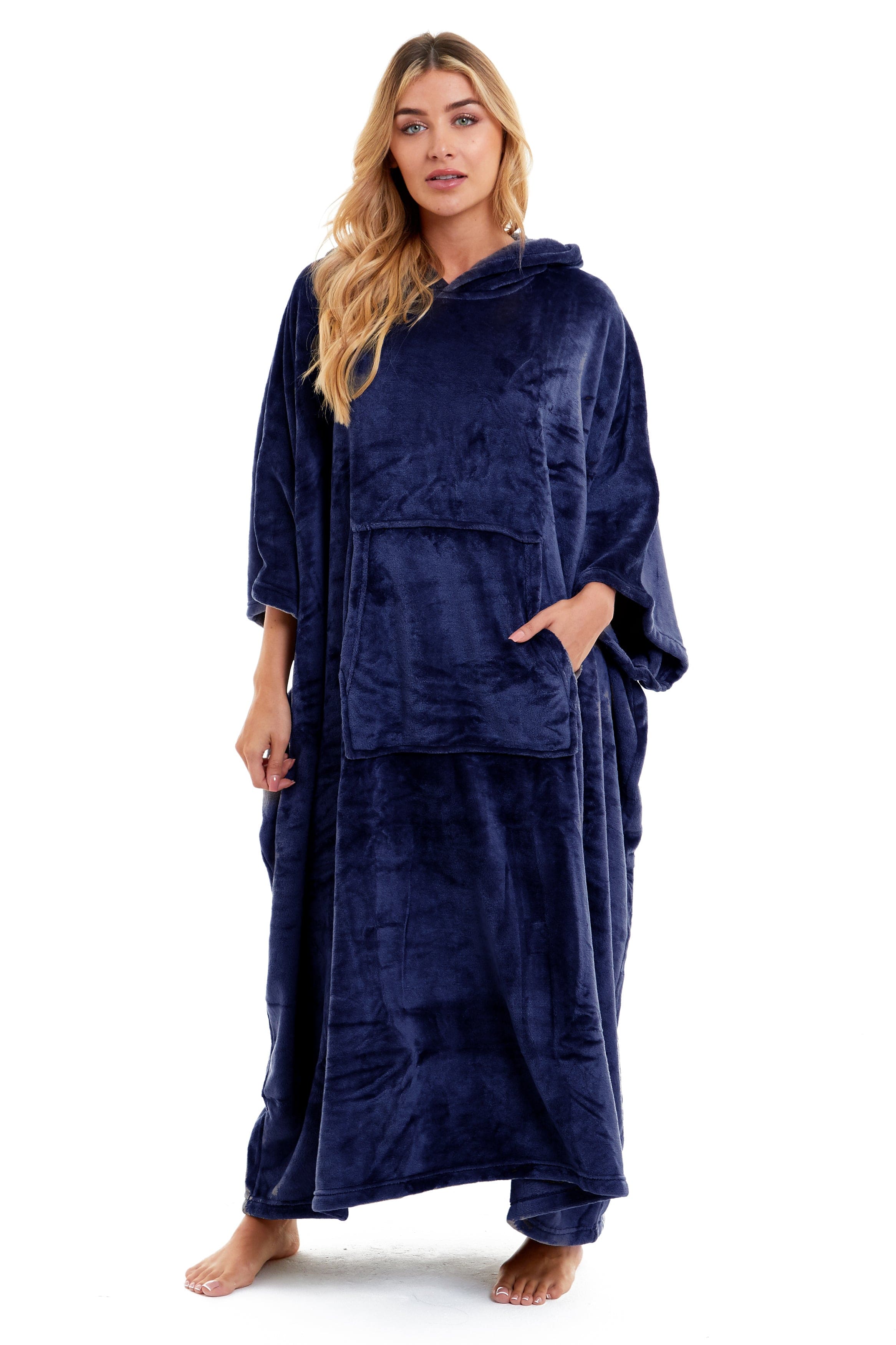 OLIVIA ROCCO Women's Oversized Hooded Poncho Blanket Plush Fleece Navy Charcoal Cosy Sofa and Bedroom Layering