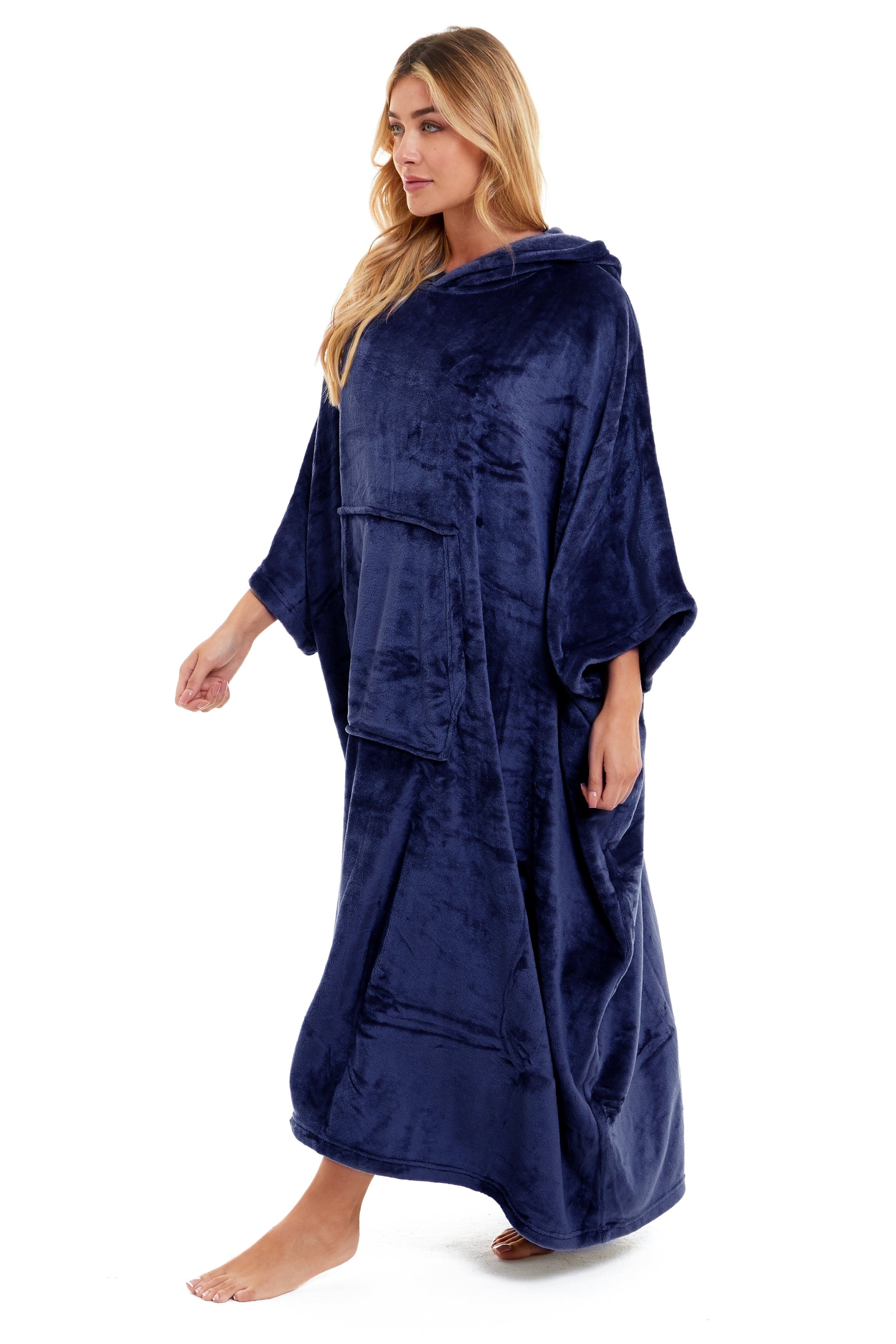 OLIVIA ROCCO Women's Oversized Hooded Poncho Blanket Plush Fleece Navy Charcoal Cosy Sofa and Bedroom Layering