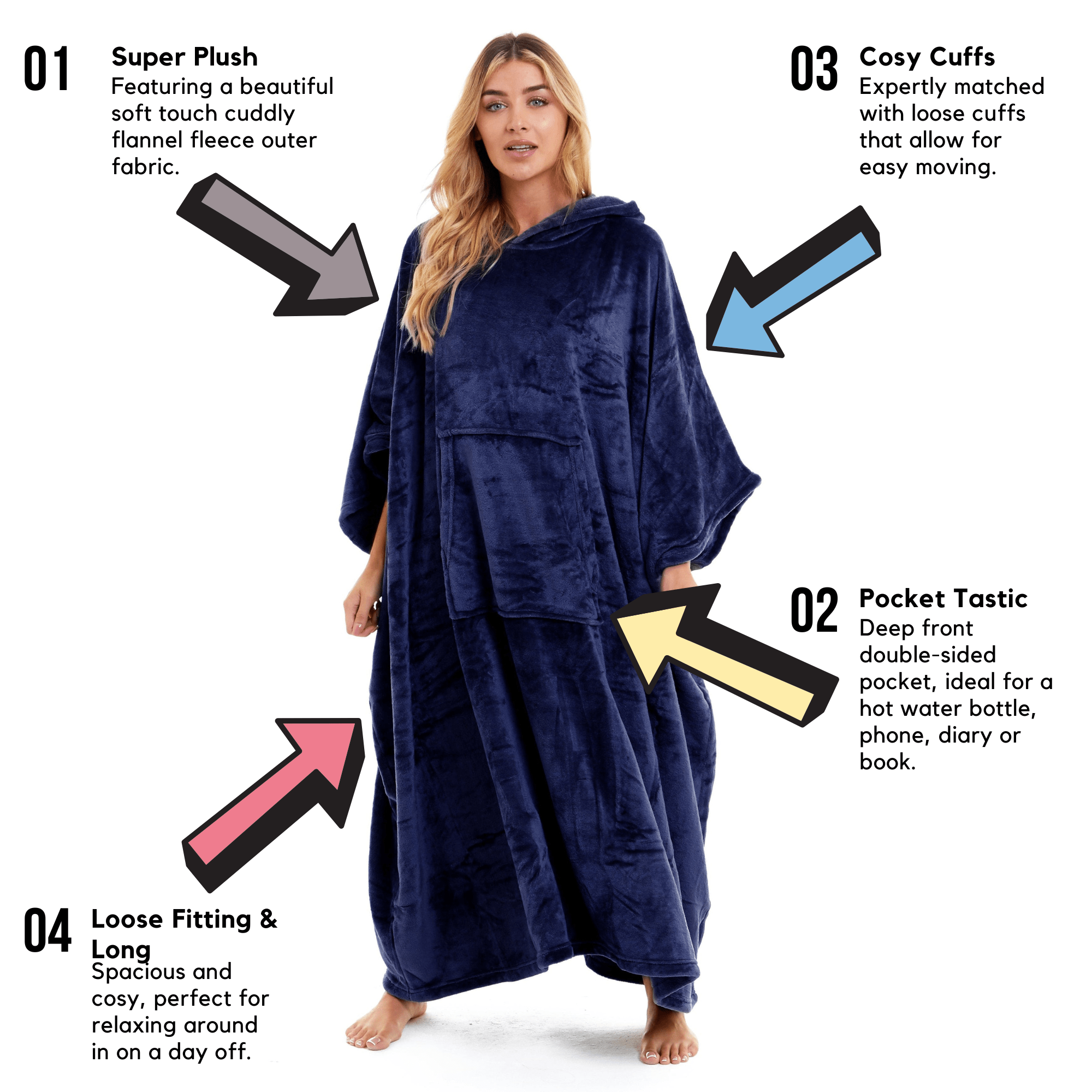 OLIVIA ROCCO Women's Oversized Hooded Poncho Blanket Plush Fleece Navy Charcoal Cosy Sofa and Bedroom Layering