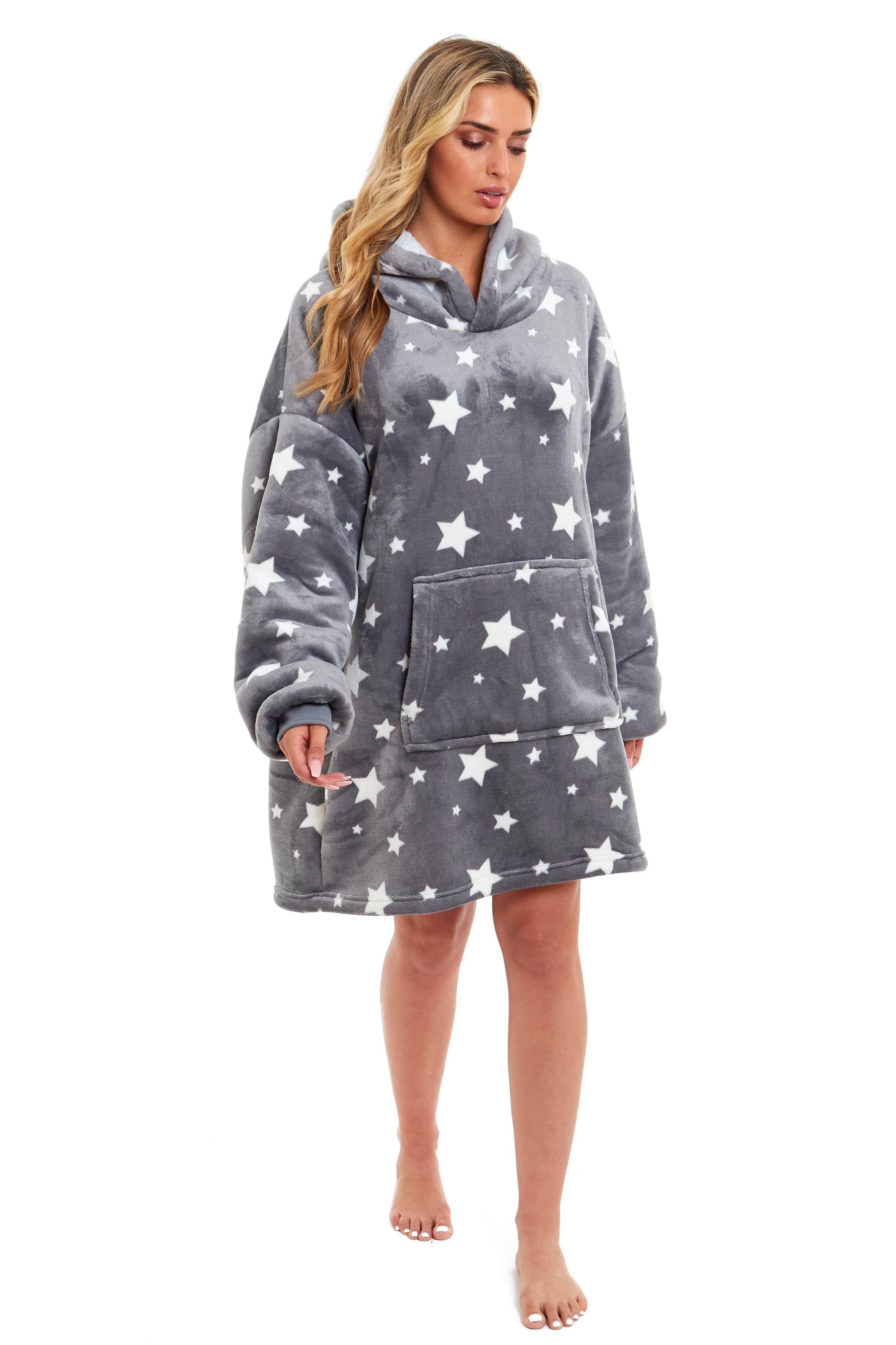 OLIVIA ROCCO Oversized Hooded Blanket Reversible Sherpa Fleece Grey Stars Easy Care