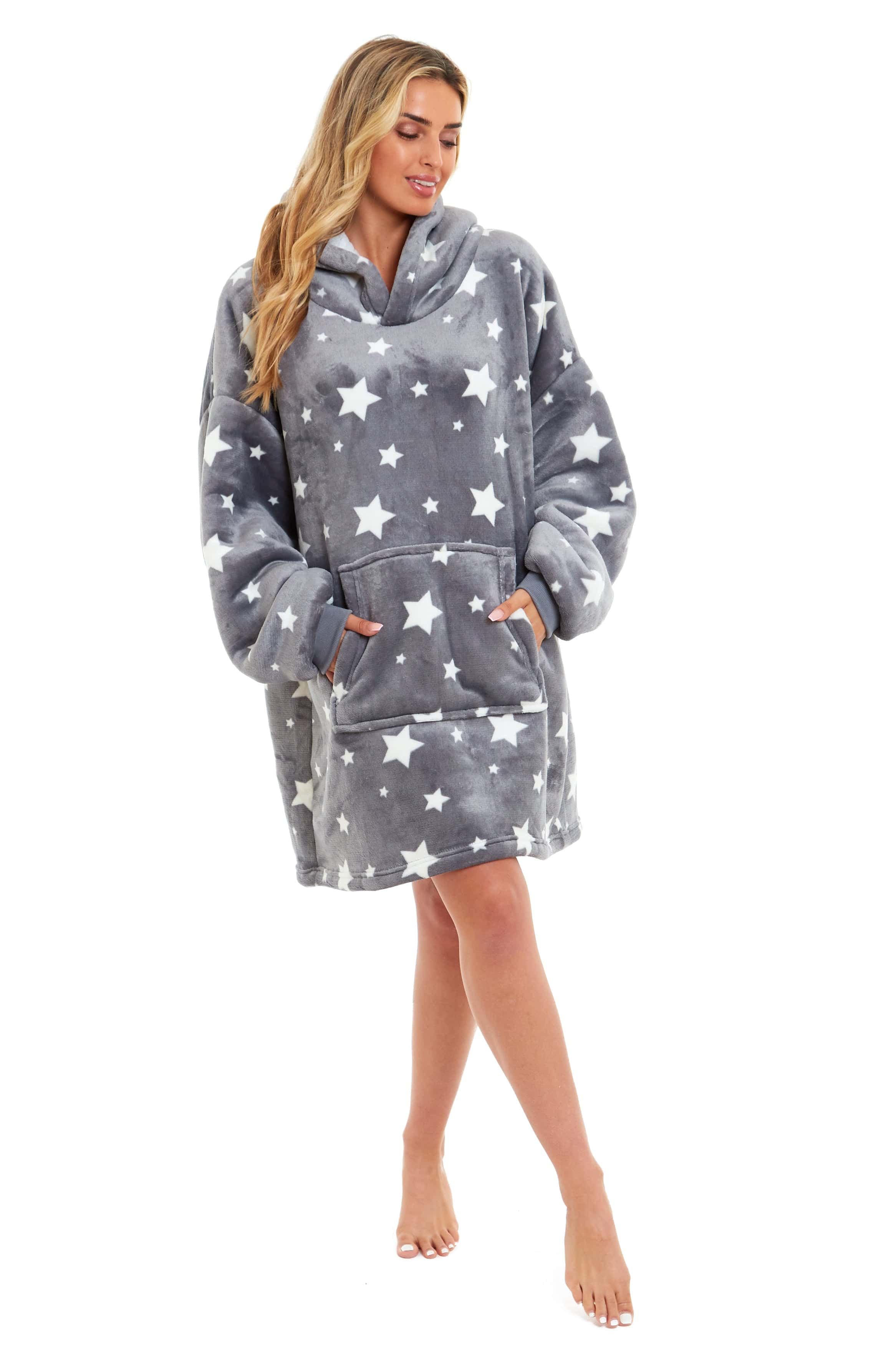 OLIVIA ROCCO Oversized Hooded Blanket Reversible Sherpa Fleece Grey Stars Easy Care