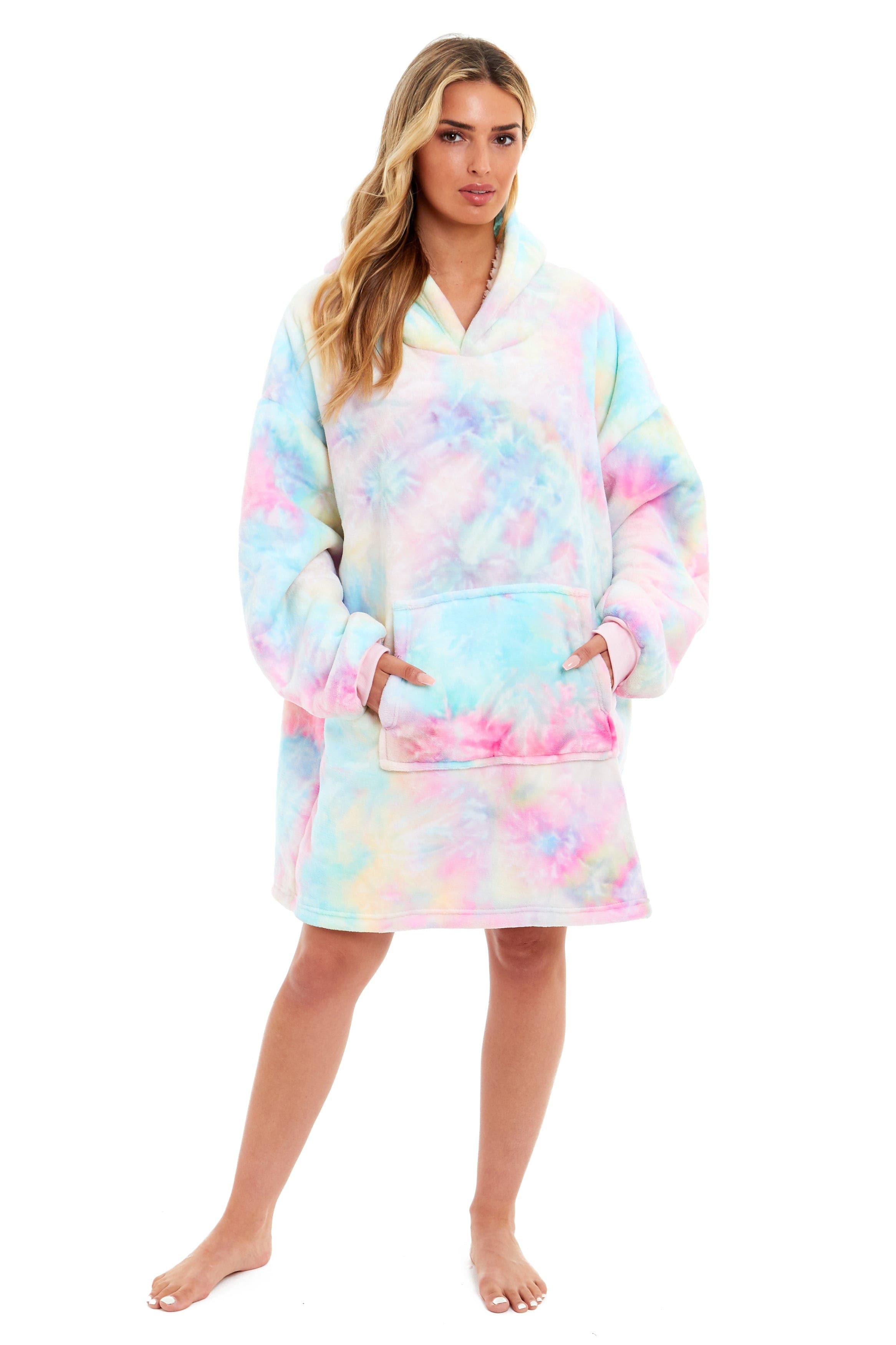 OLIVIA ROCCO Oversized Hooded Tie Dye Rainbow Plush Fleece Blanket With Reversible Sherpa