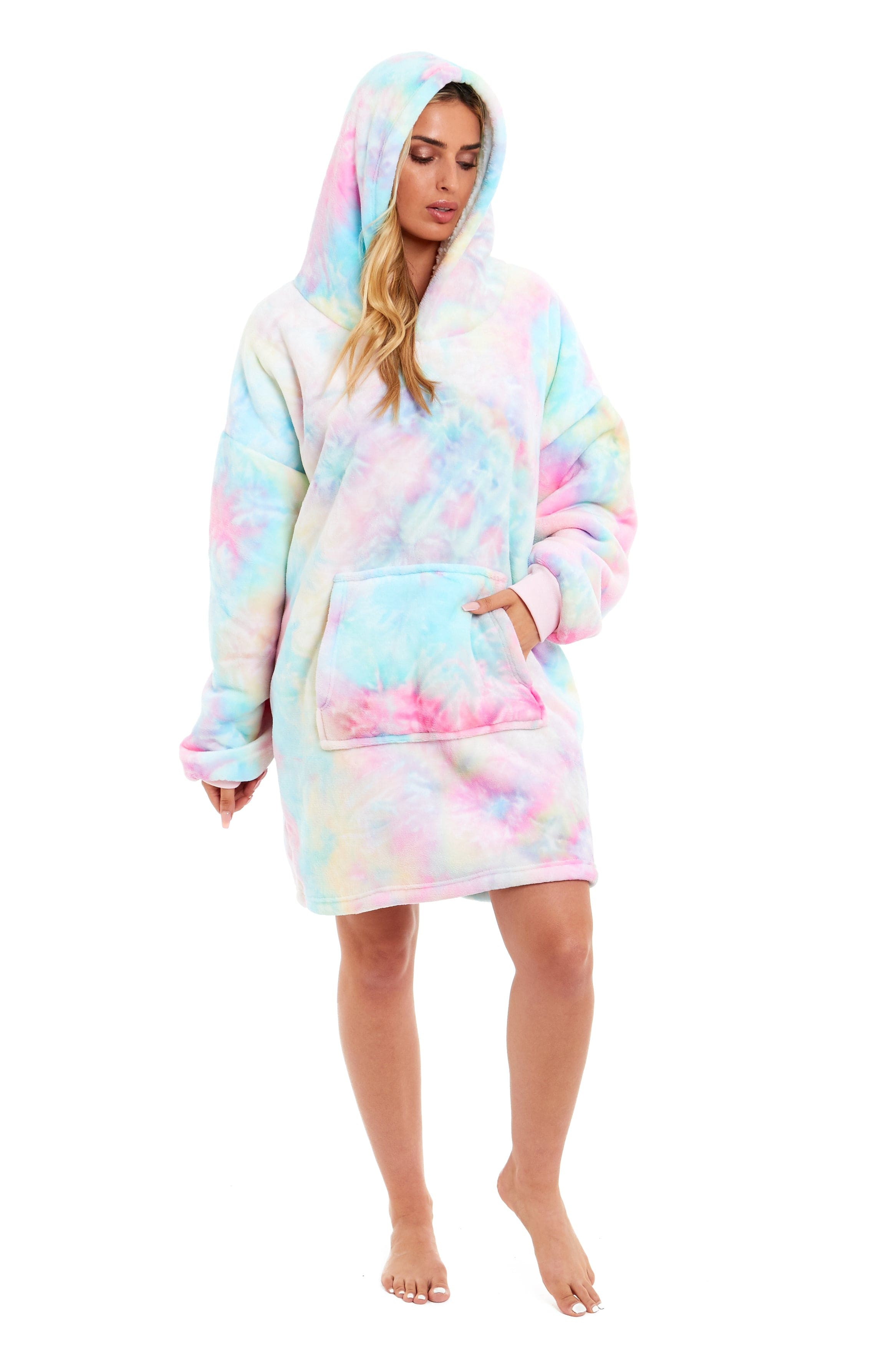 OLIVIA ROCCO Oversized Hooded Tie Dye Rainbow Plush Fleece Blanket With Reversible Sherpa
