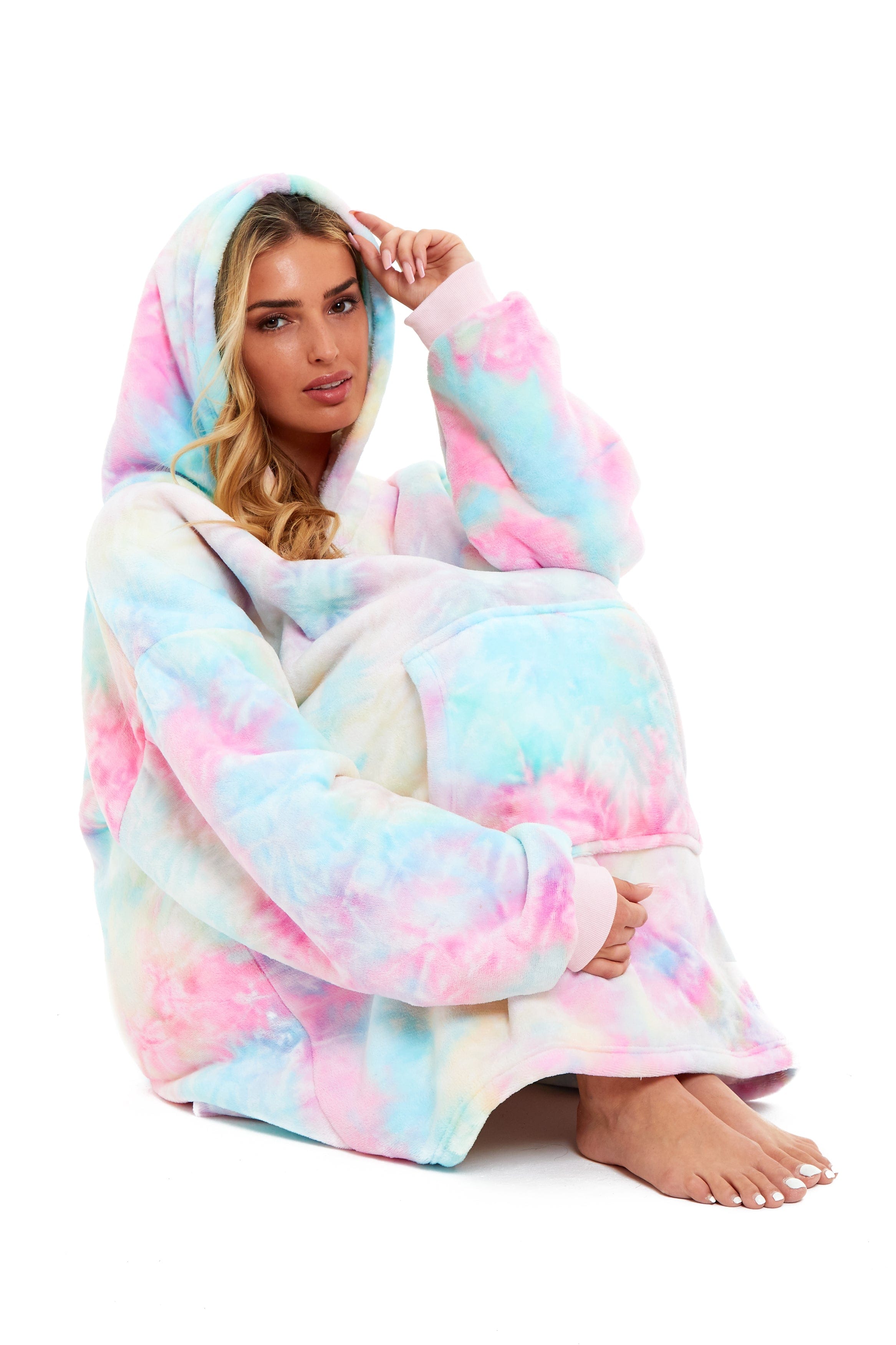 OLIVIA ROCCO Oversized Hooded Tie Dye Rainbow Plush Fleece Blanket With Reversible Sherpa