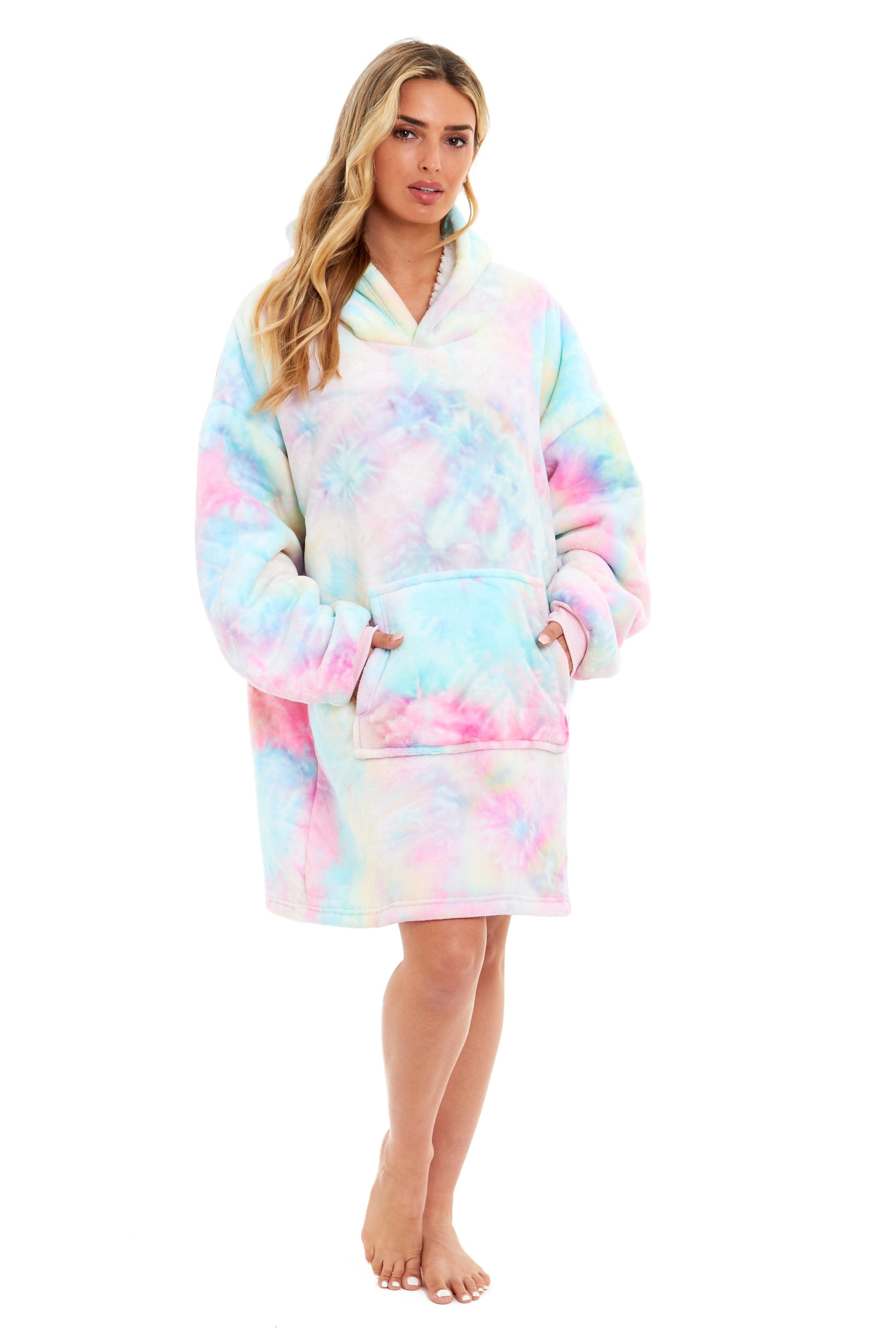 OLIVIA ROCCO Oversized Hooded Tie Dye Rainbow Plush Fleece Blanket With Reversible Sherpa