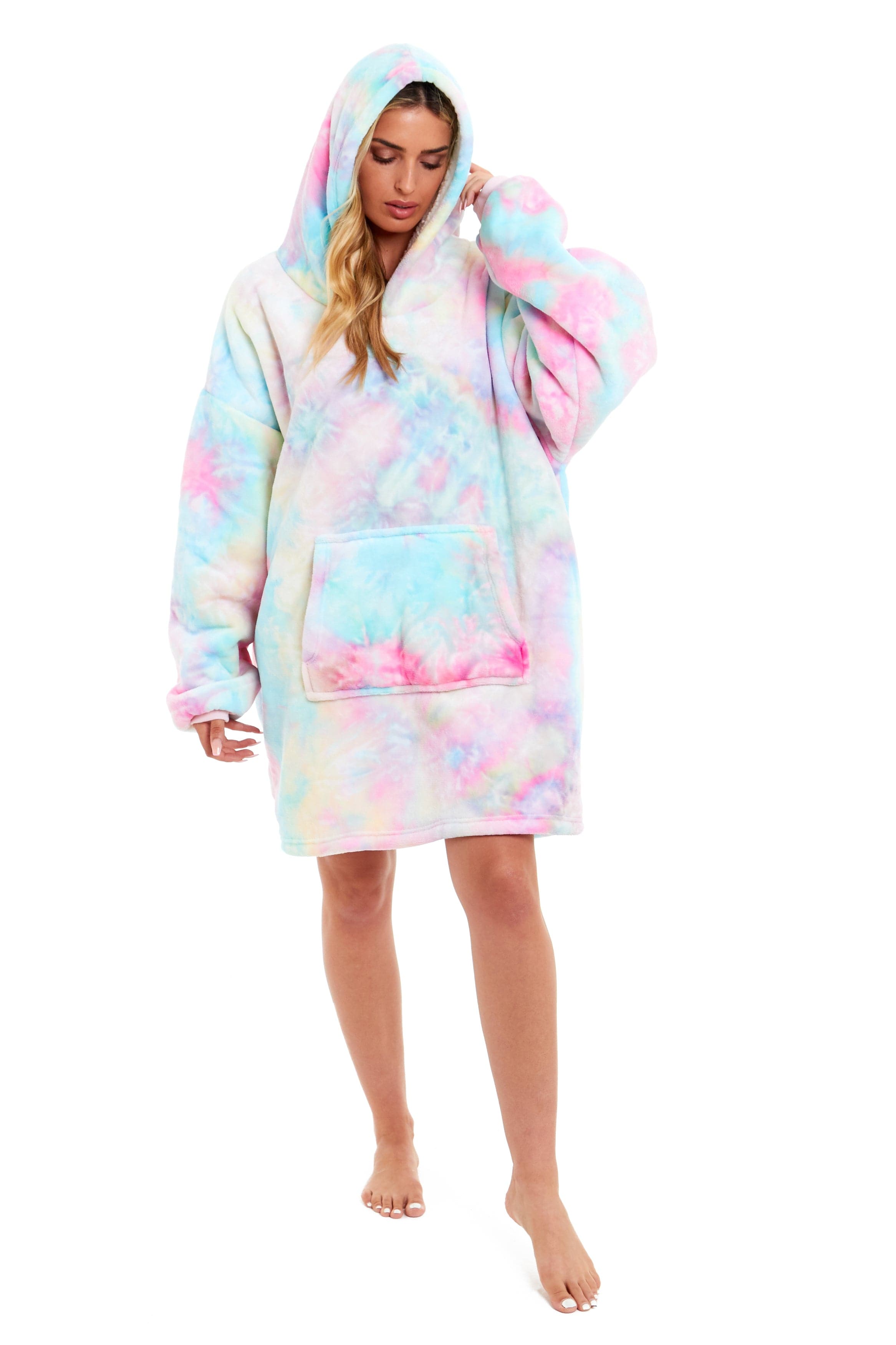 OLIVIA ROCCO Oversized Hooded Tie Dye Rainbow Plush Fleece Blanket With Reversible Sherpa