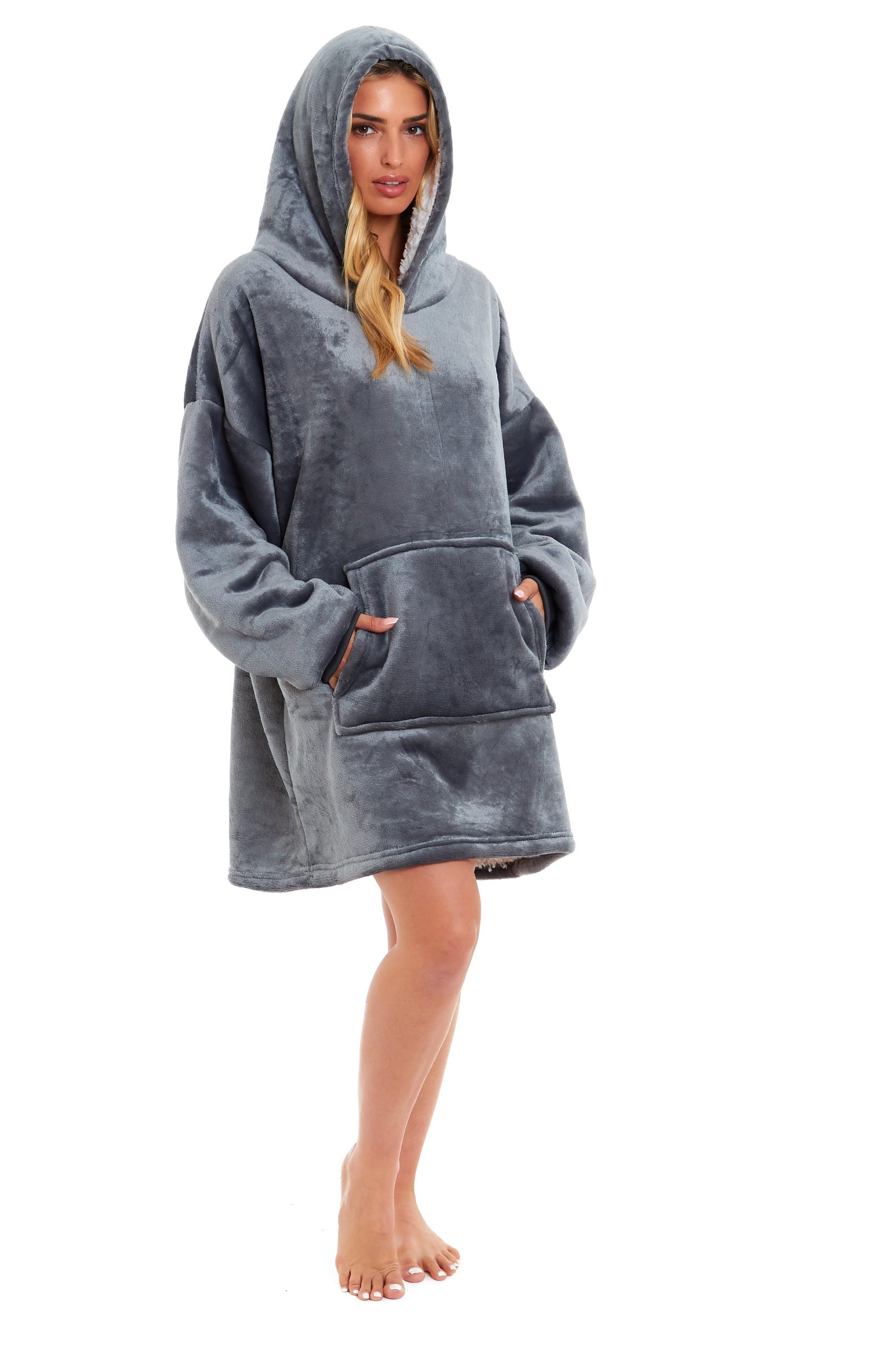OLIVIA ROCCO Oversized Hooded Blanket Reversible Sherpa Fleece Grey And Pink For Adults