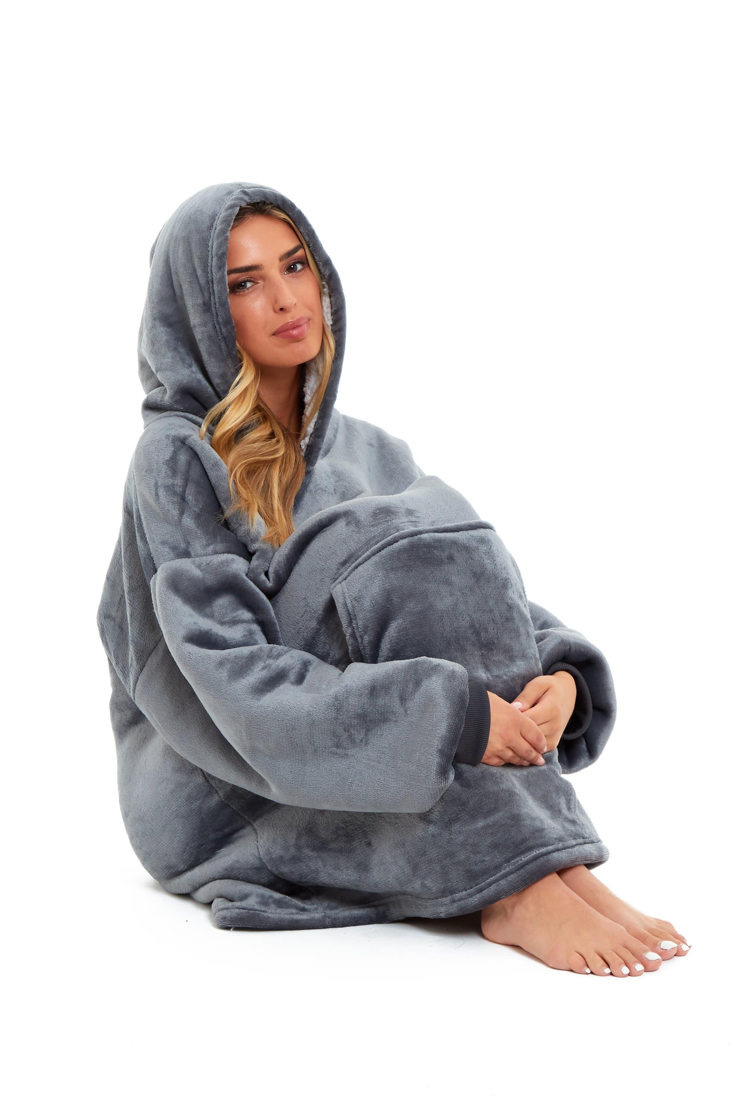 OLIVIA ROCCO Oversized Hooded Blanket Reversible Sherpa Fleece Grey And Pink For Adults