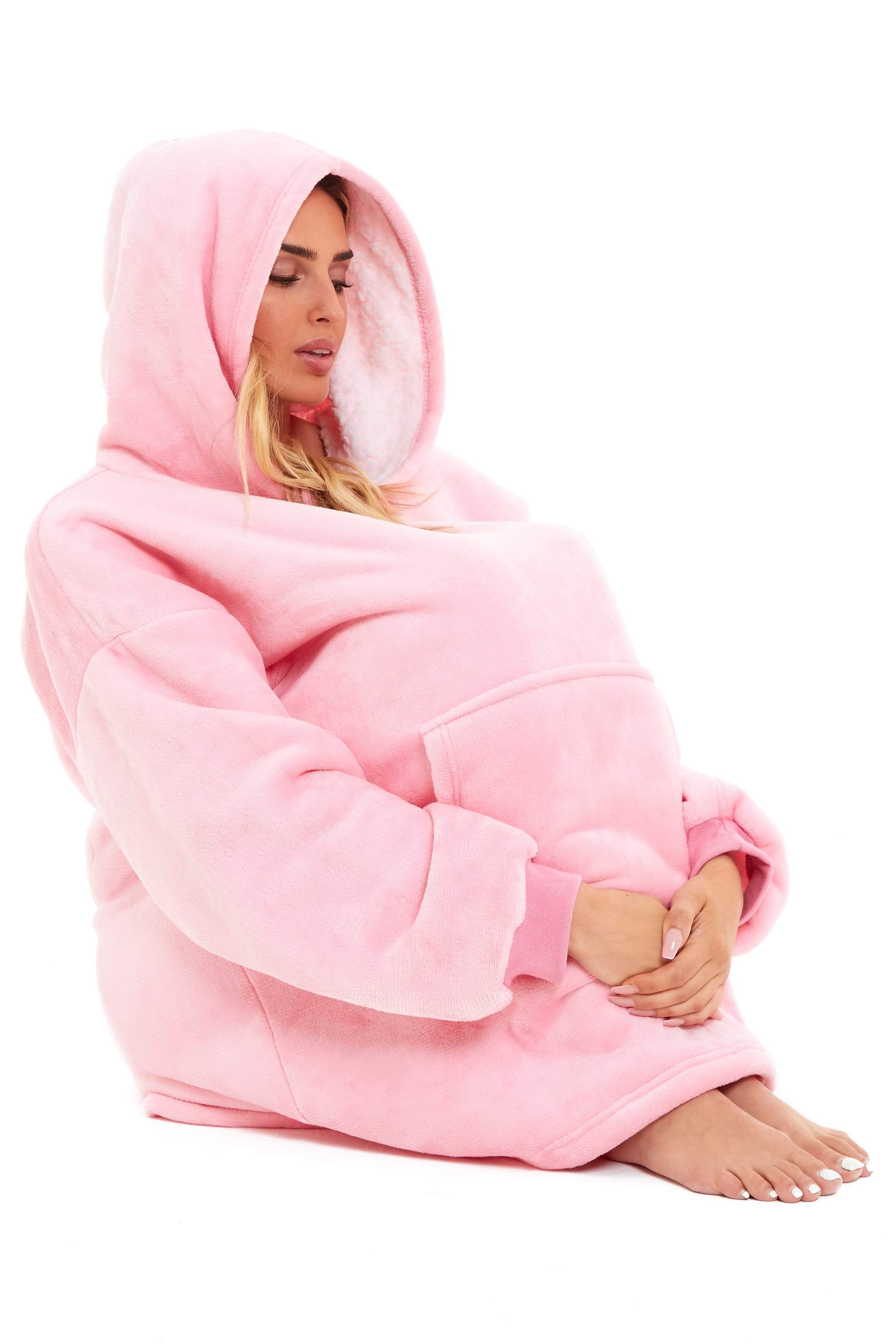 OLIVIA ROCCO Oversized Hooded Blanket Reversible Sherpa Fleece Grey And Pink For Adults