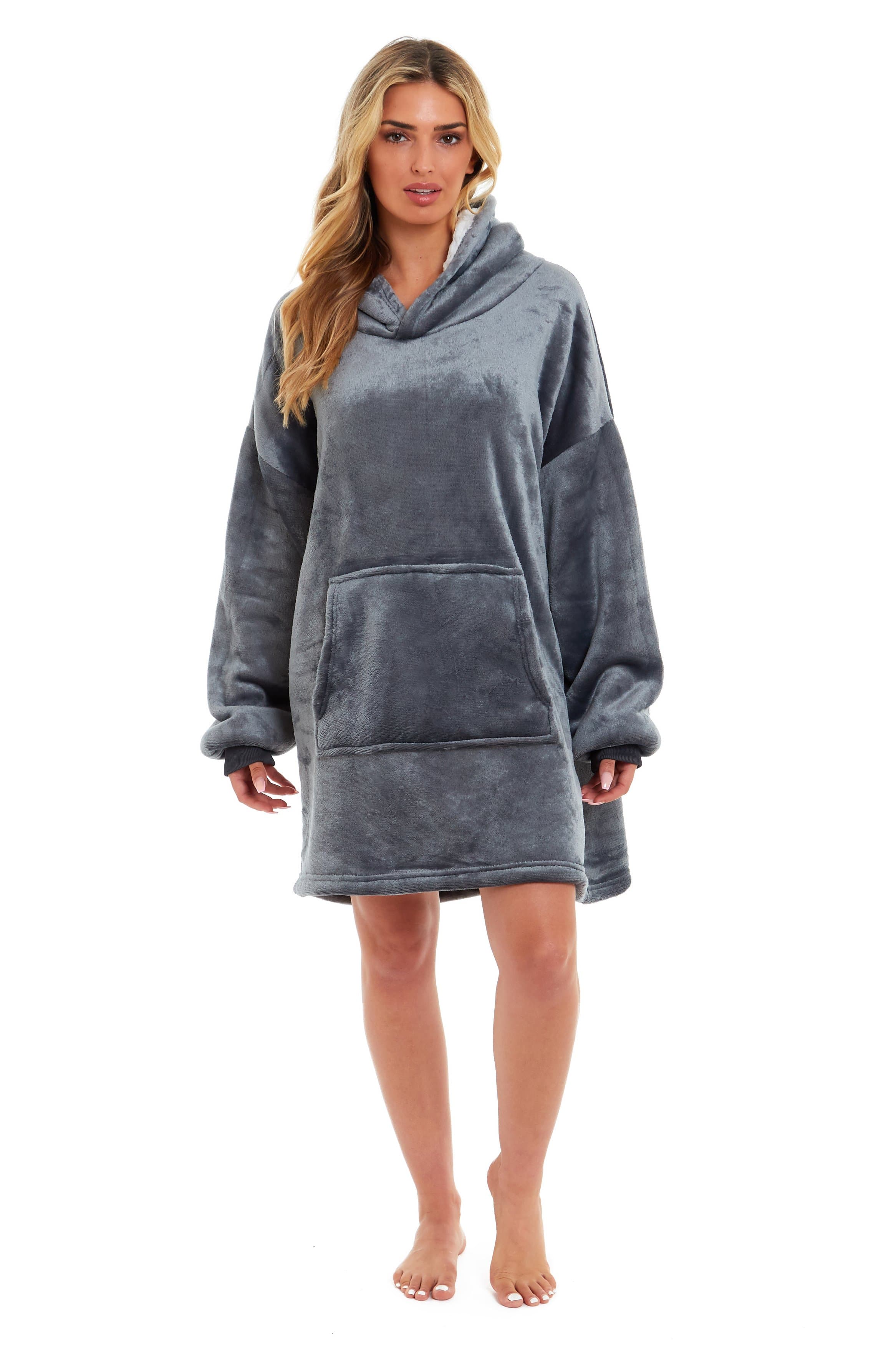 OLIVIA ROCCO Oversized Hooded Blanket Reversible Sherpa Fleece Grey And Pink For Adults